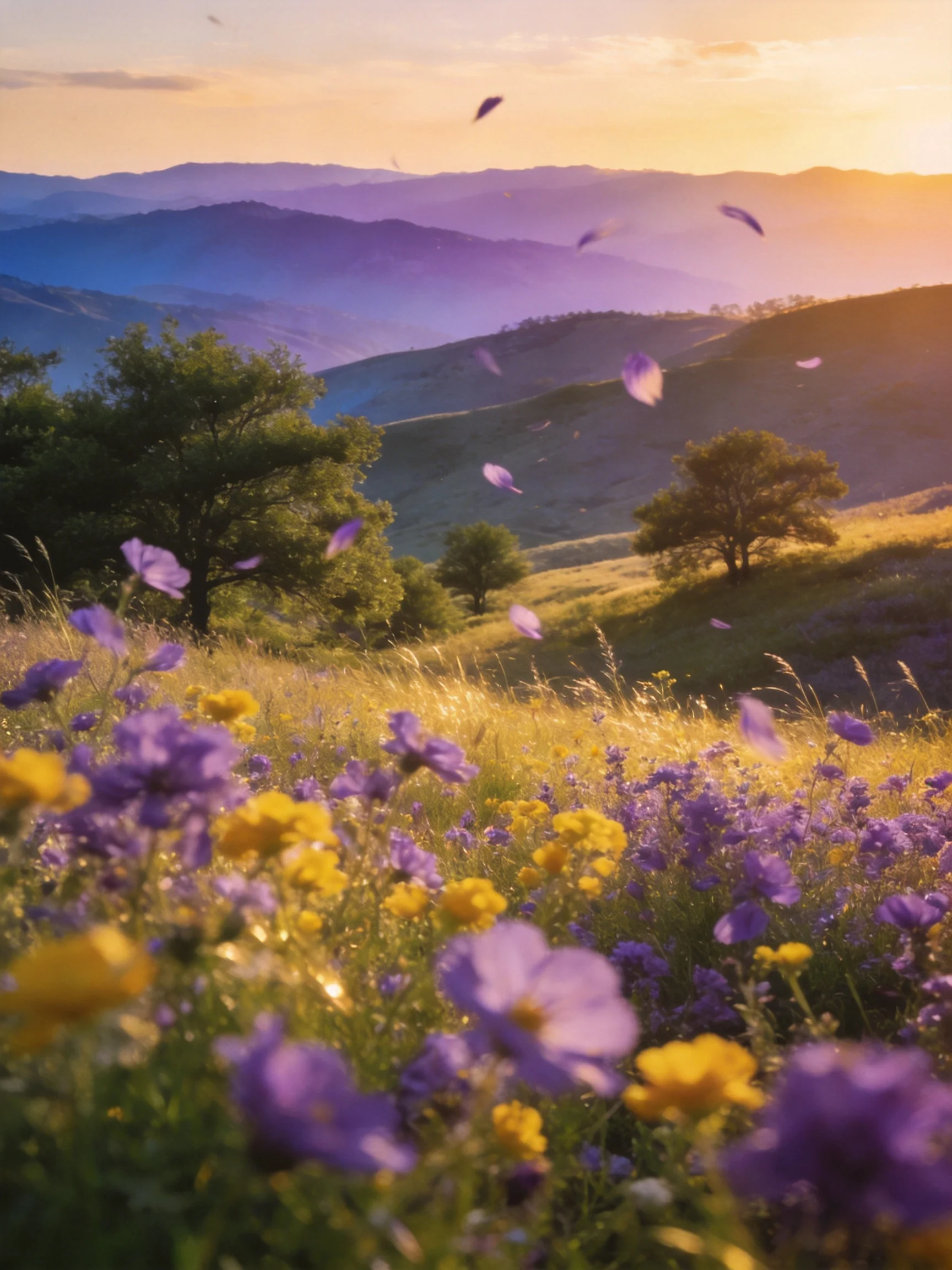 Purple and yellow wildflowers bloom in a mountain meadow at sunset