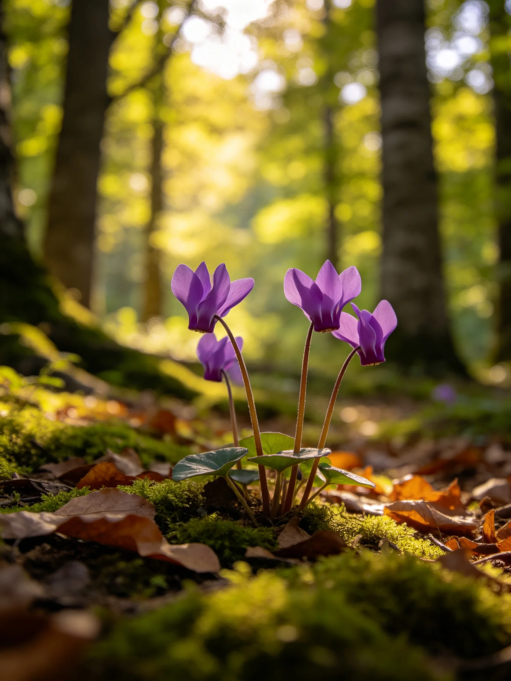Purple cyclamen blooms amid moss and fallen leaves in sunlit woodland
