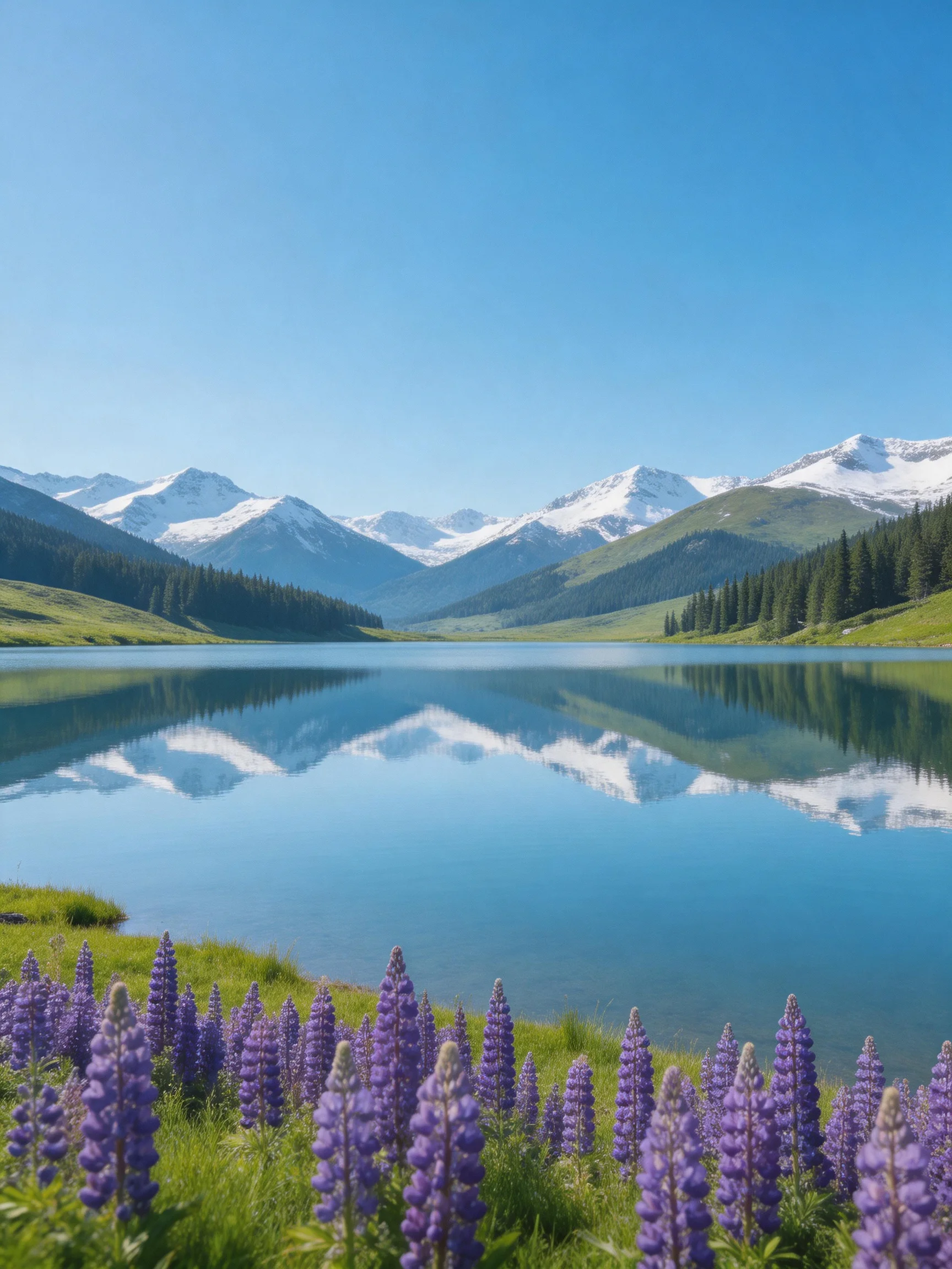 Purple lupines border a calm blue lake with snow - capped mountains