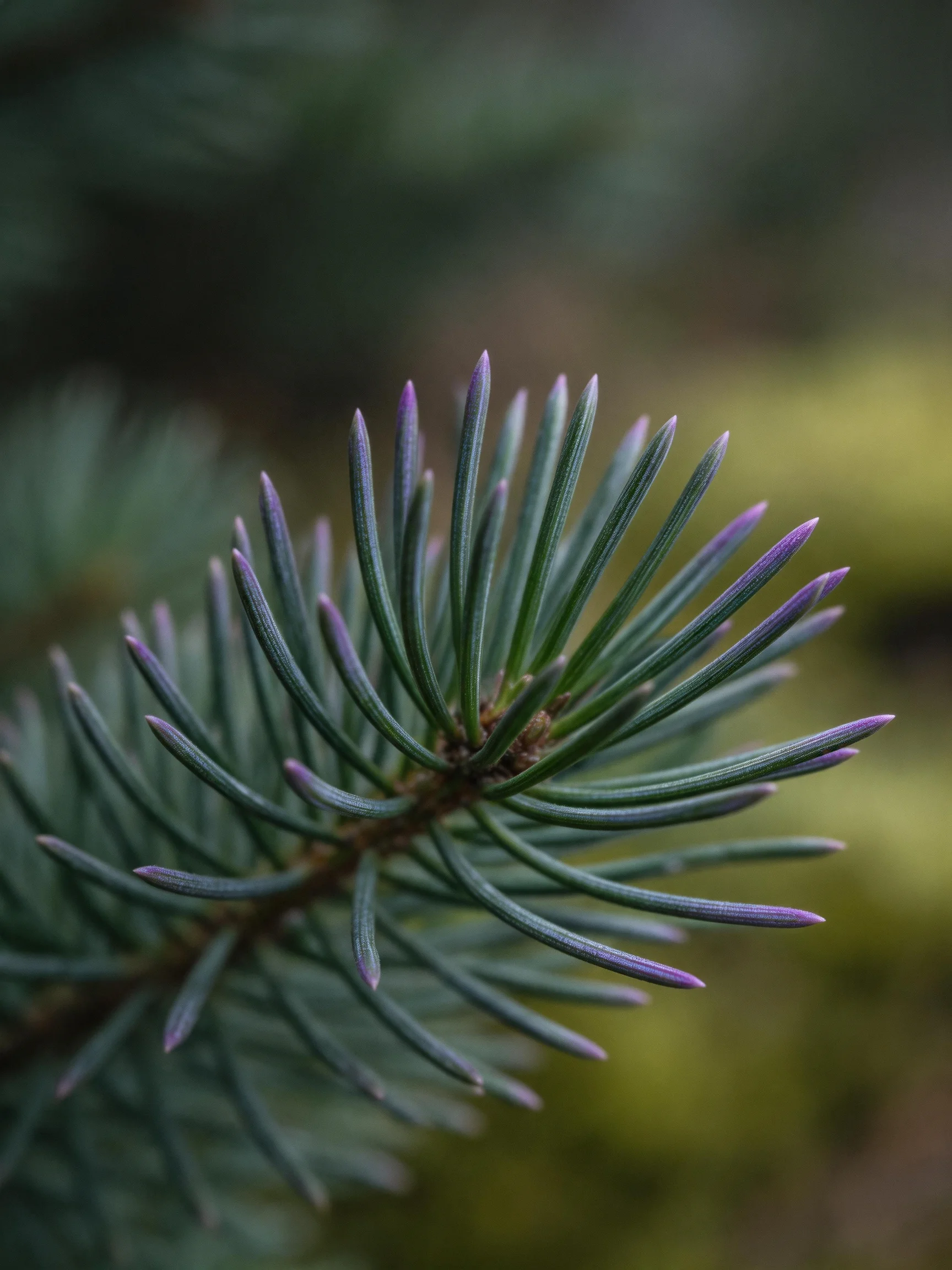 Purple-tipped evergreen branch close-up showcasing needle textures