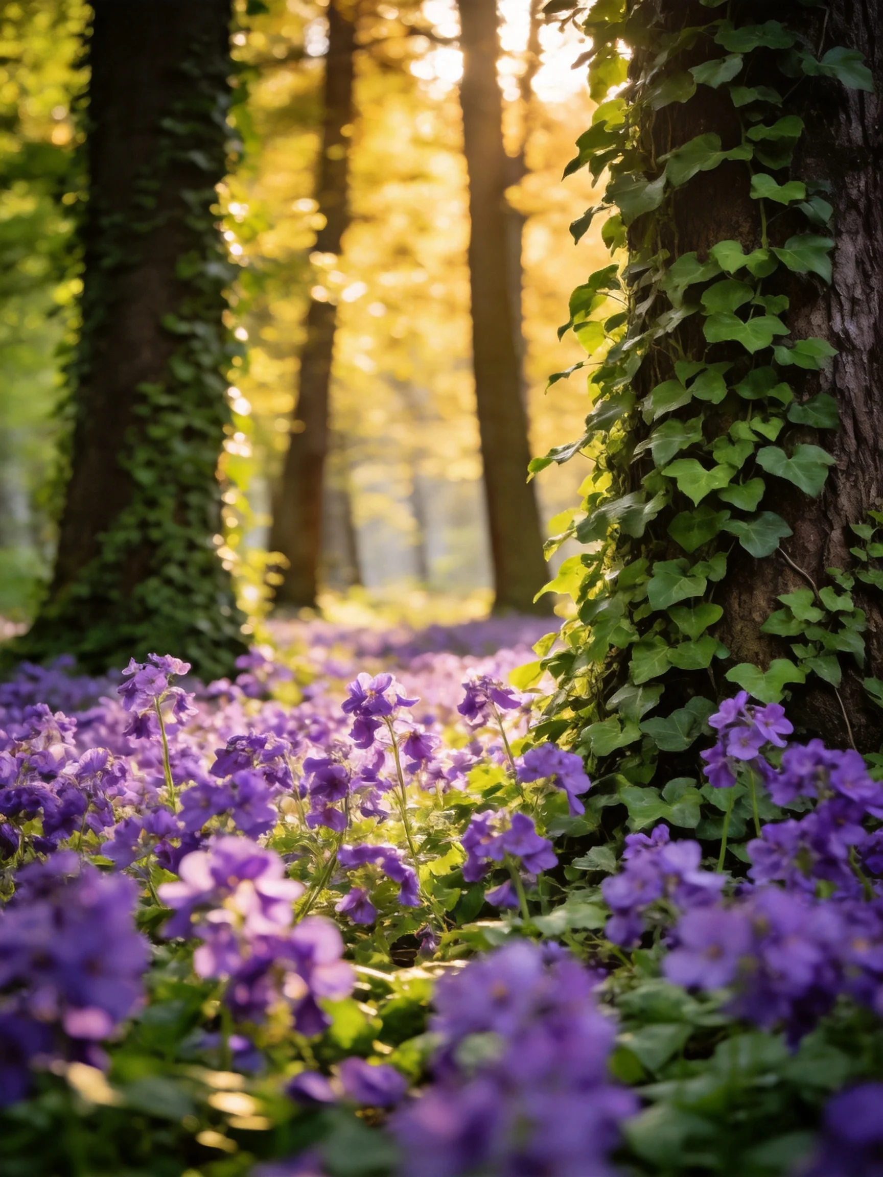 Purple wildflowers blanket a sunlit forest floor among tall trees