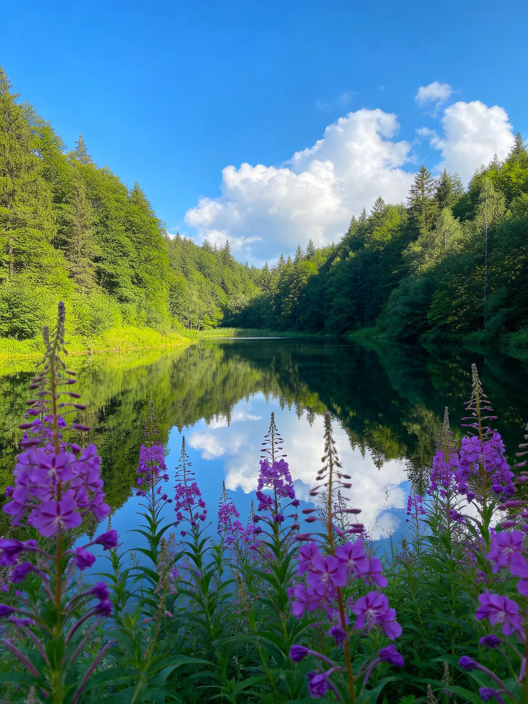 Purple wildflowers frame a serene lake with forest reflections.