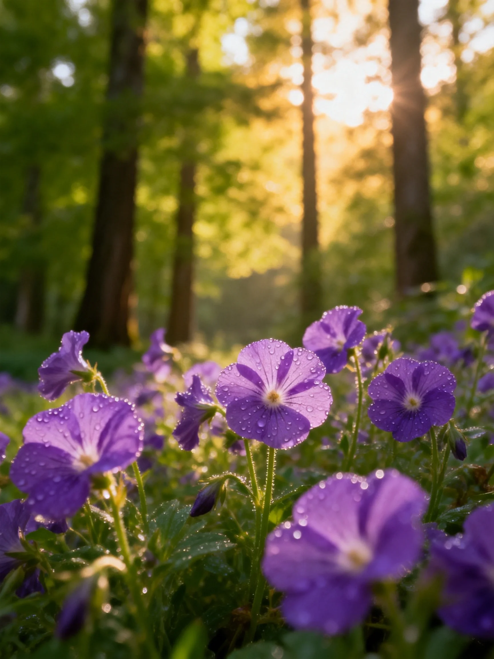 Purple wildflowers with dewdrops in sunlit forest clearing