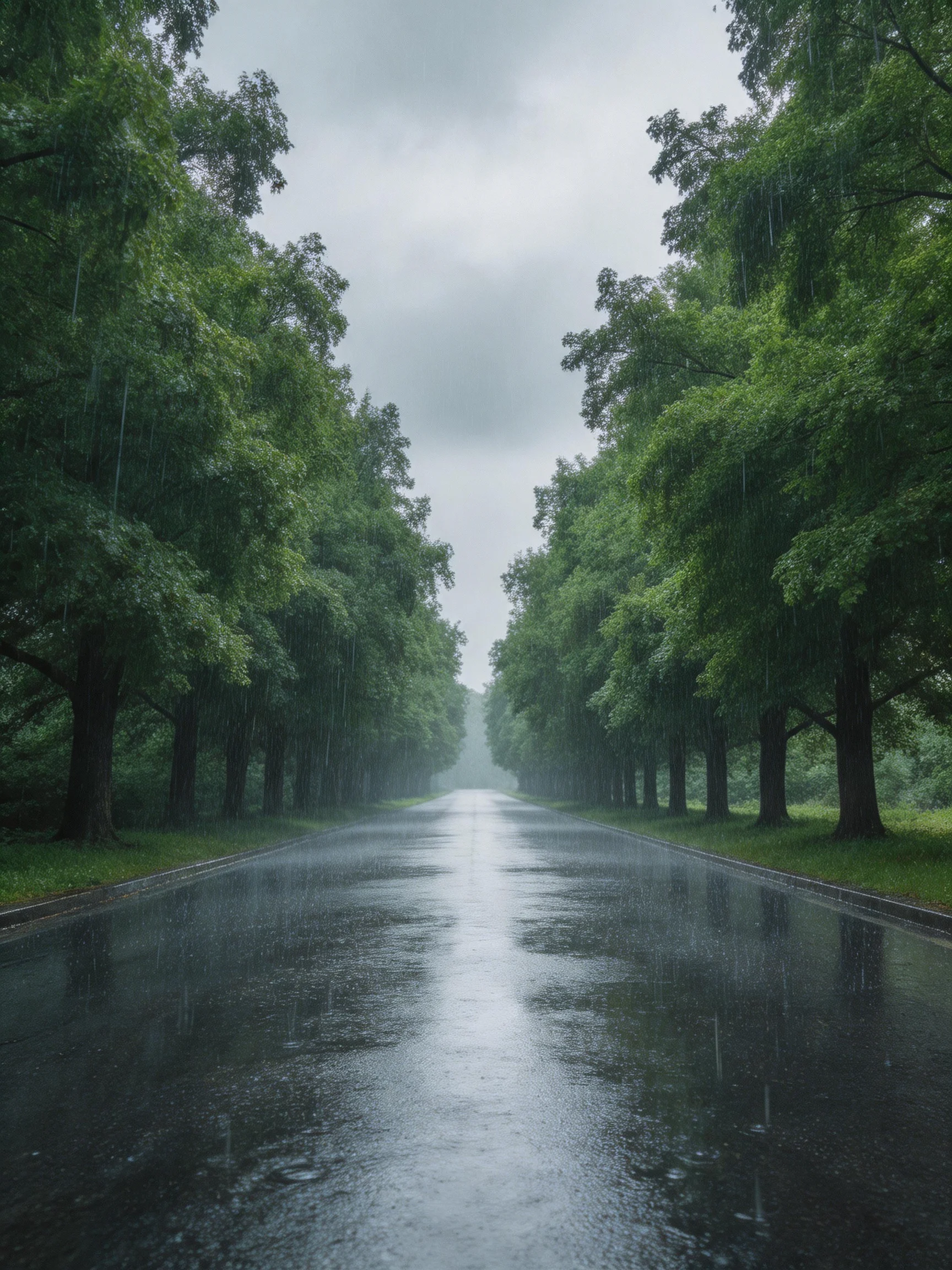 Rain-soaked road flanked by dense green trees under overcast sky
