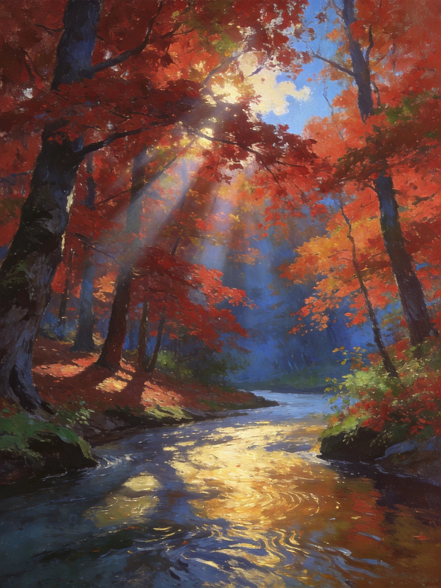 Red autumn trees with sunbeams over a flowing river