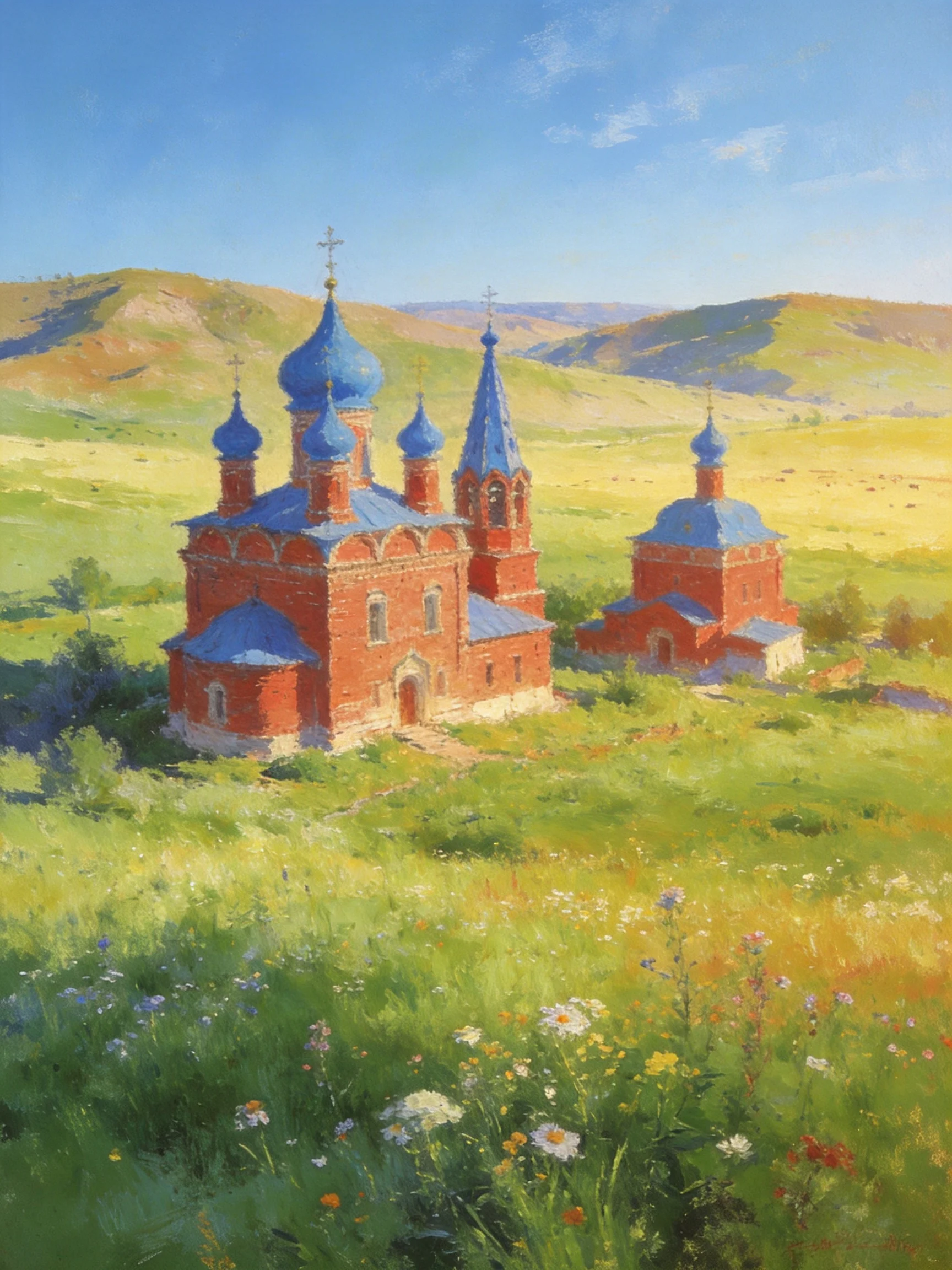 Red-brick Churches with Blue Domes in a Sunlit Meadow