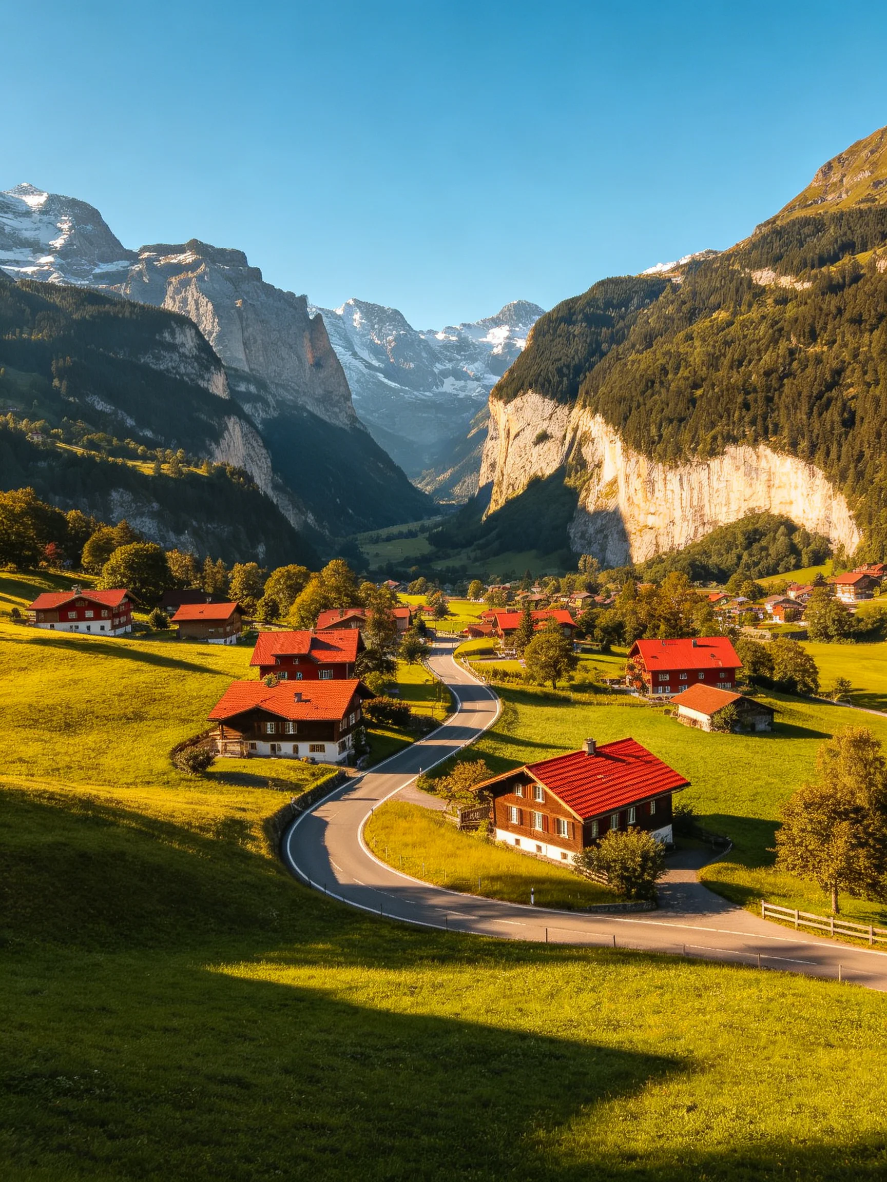 Red-roofed cottages in a lush green valley with towering mountains