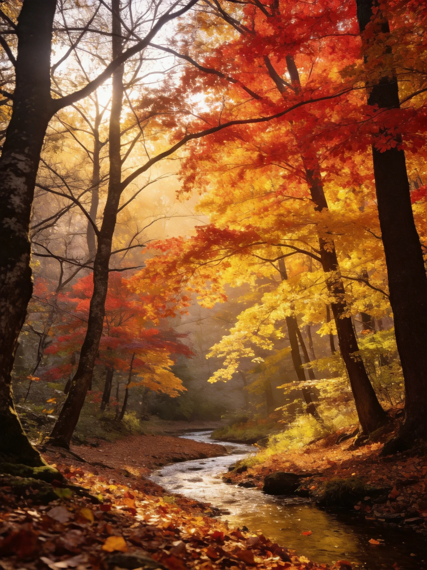 Rich autumn foliage frames a winding forest stream