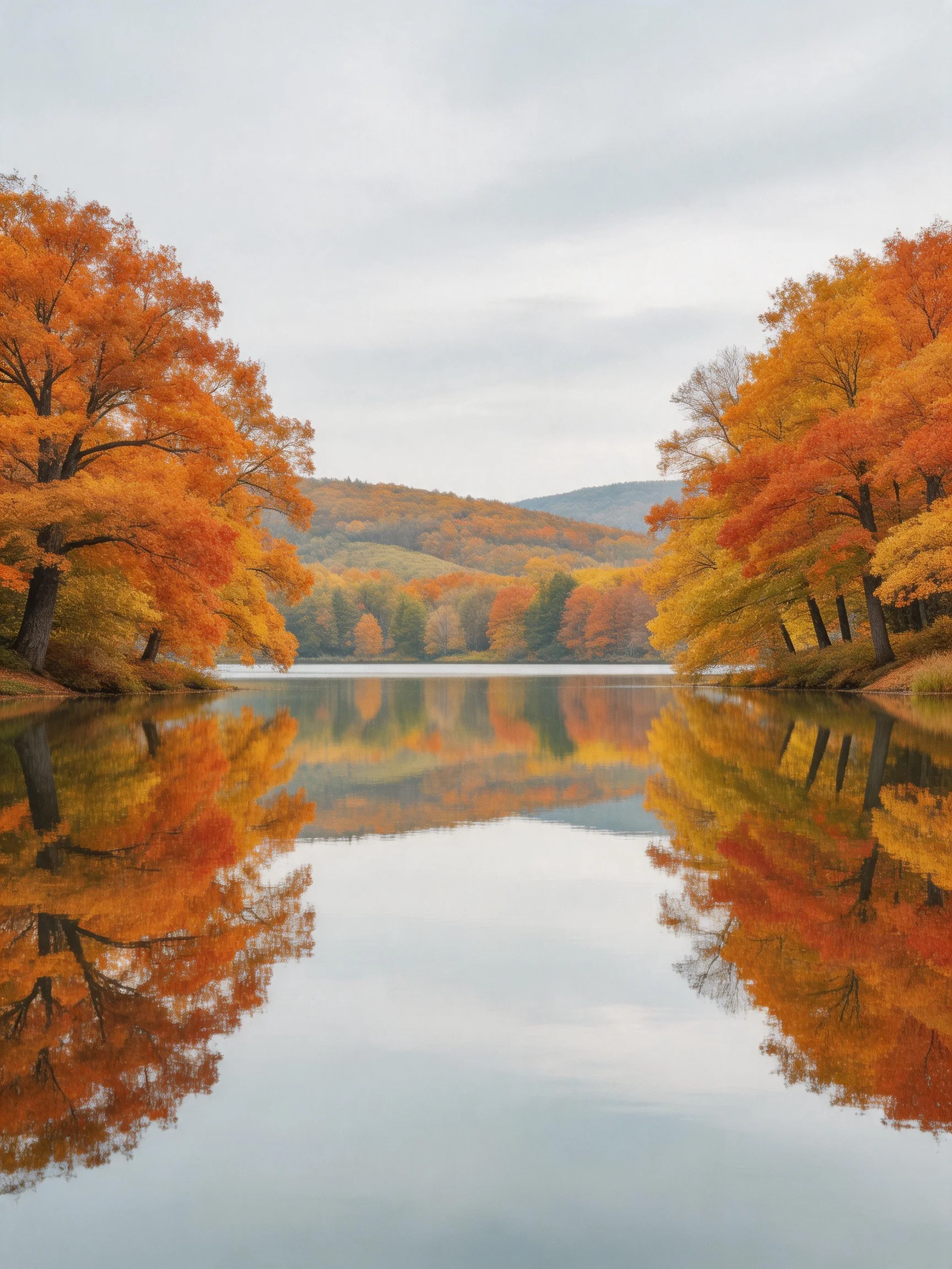 Rich autumn foliage reflects in a serene lake