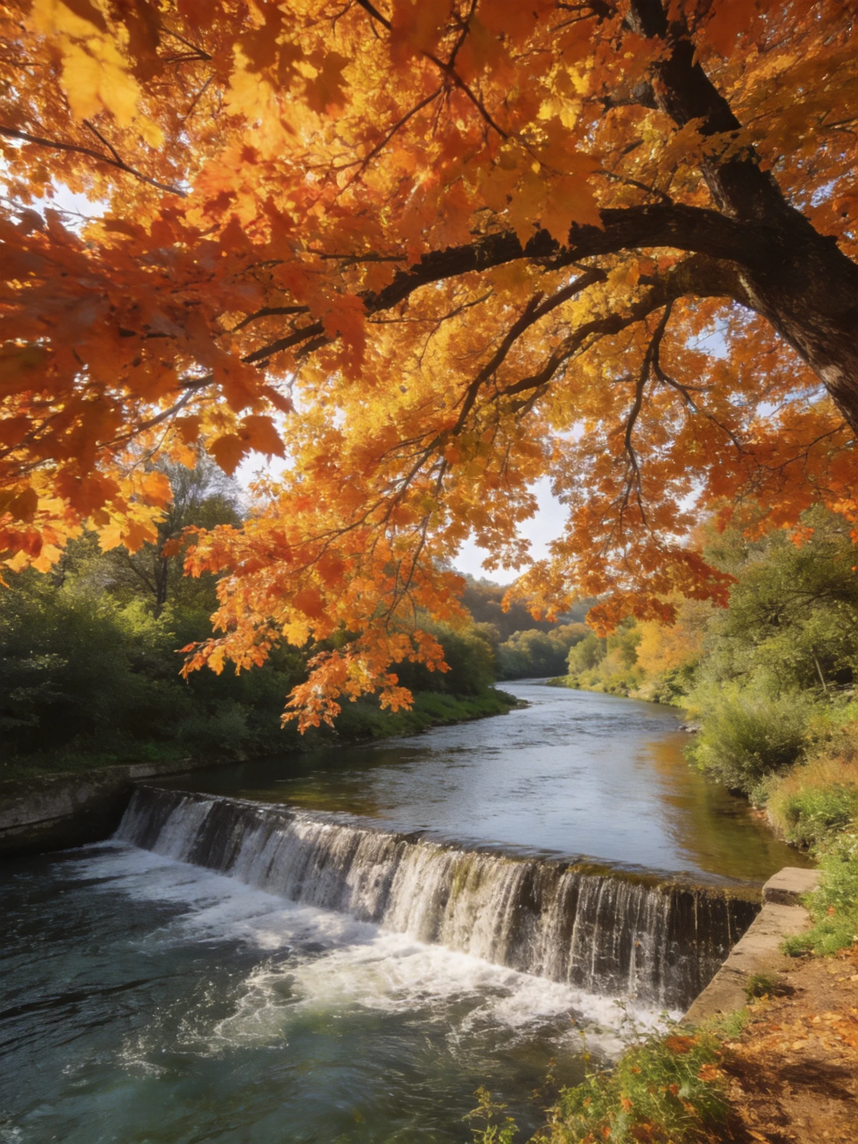 Rich golden-orange maple leaves frame a winding river with a small waterfall