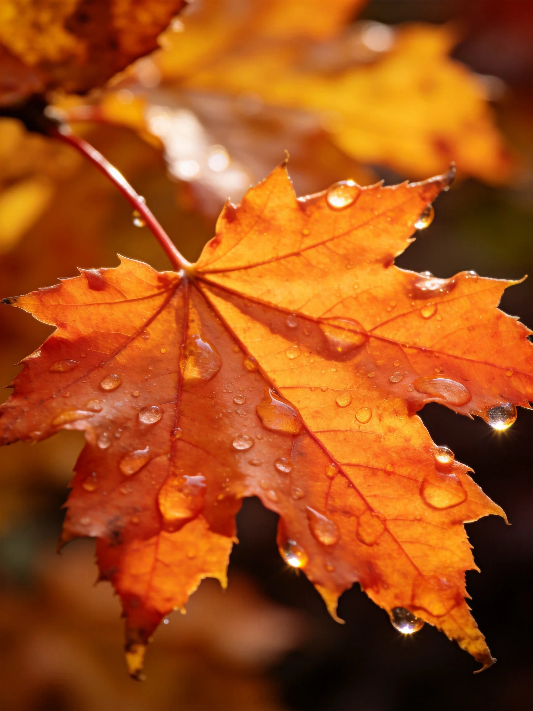 Richly hued autumn maple leaf with glistening water droplets