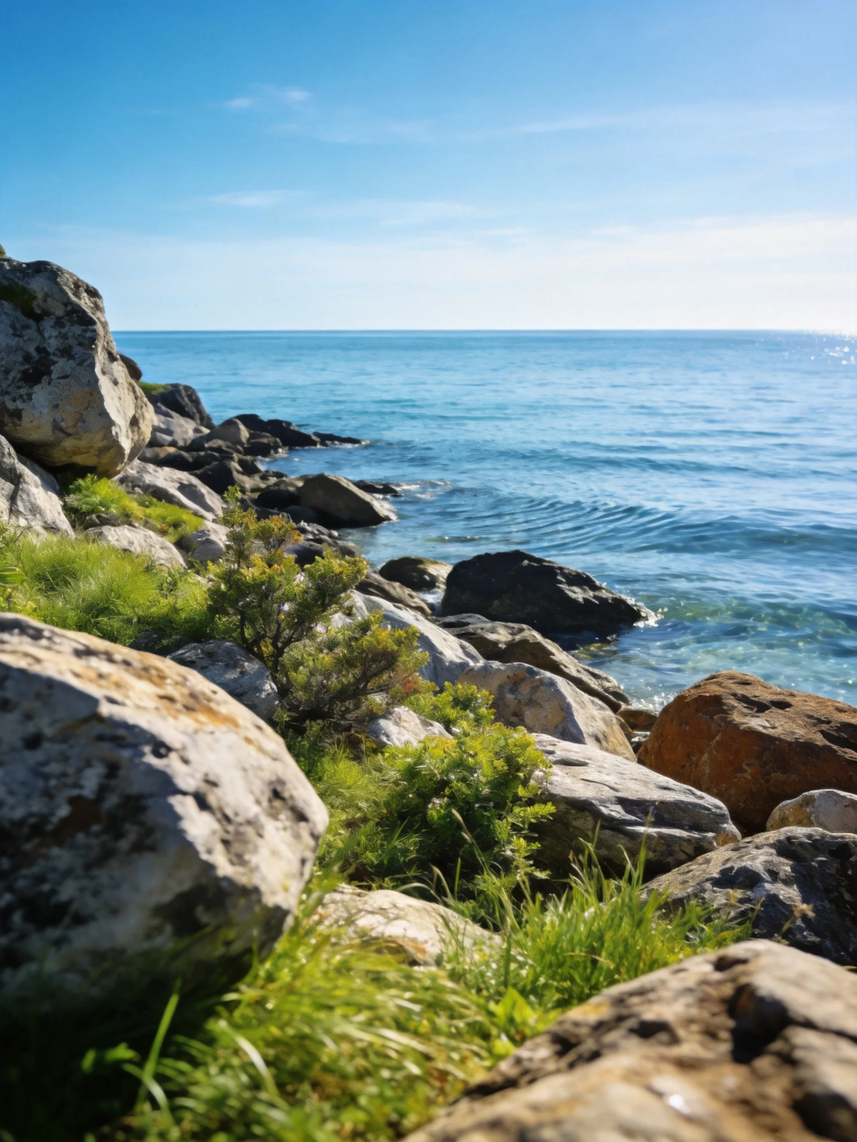 Rocky Coastal Edge with Clear Waters and Lush Greenery