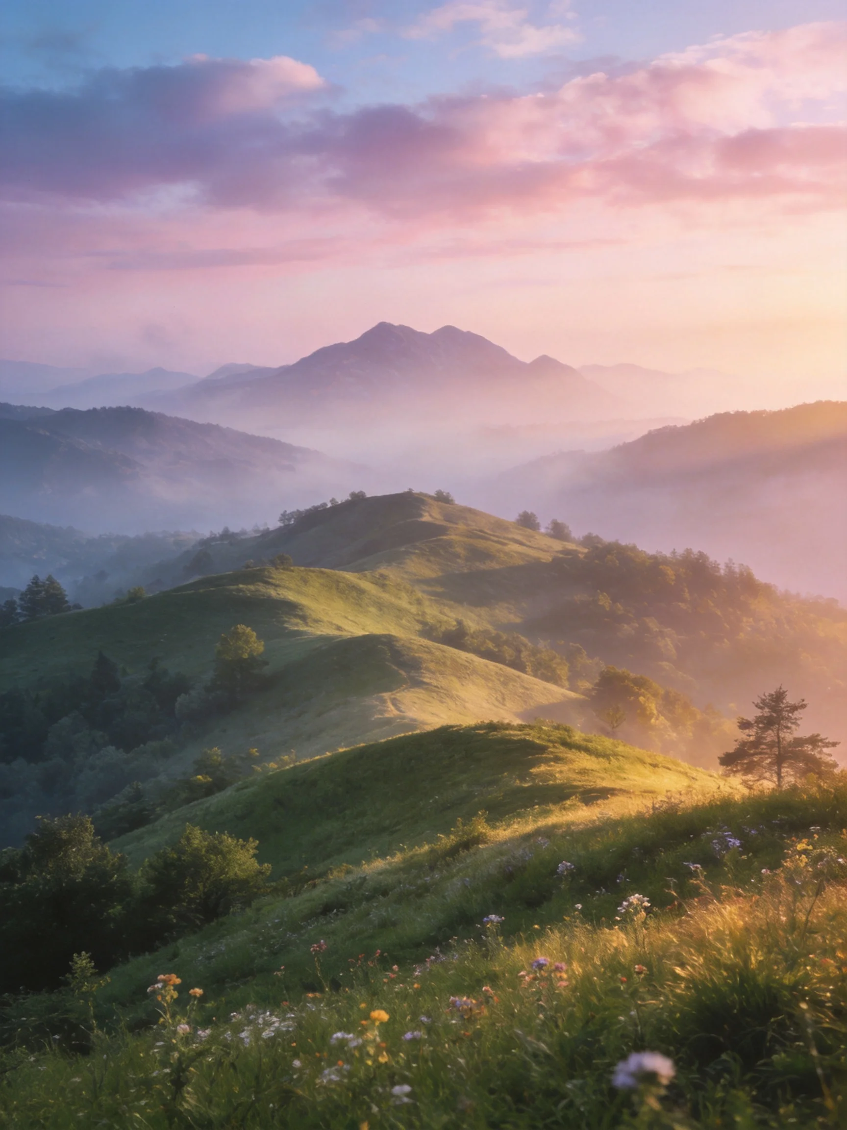 Rolling Green Hills Under a Misty Pink Sky with Wildflowers