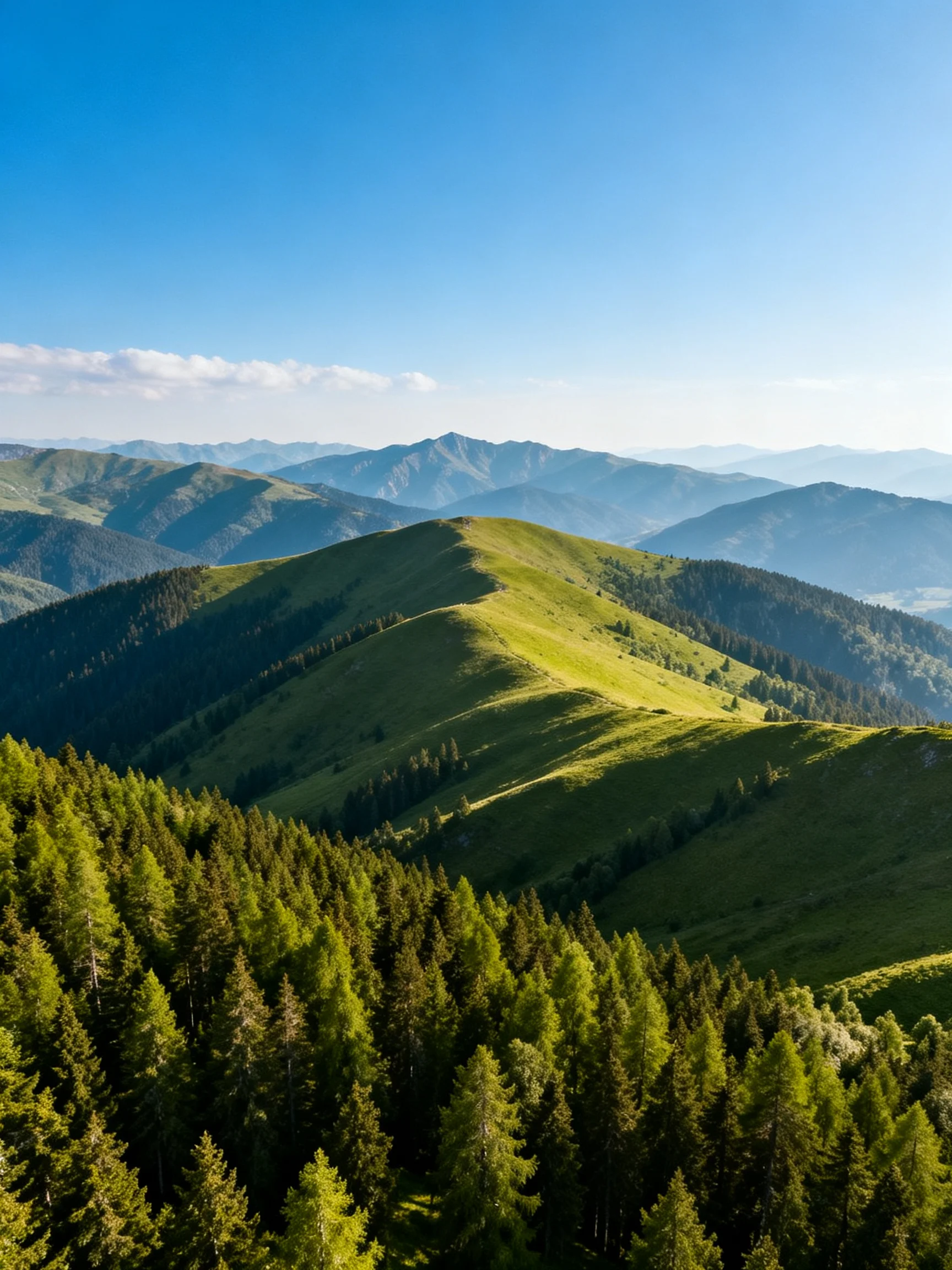Rolling Green Hills with Dense Forests Under Clear Blue Sky