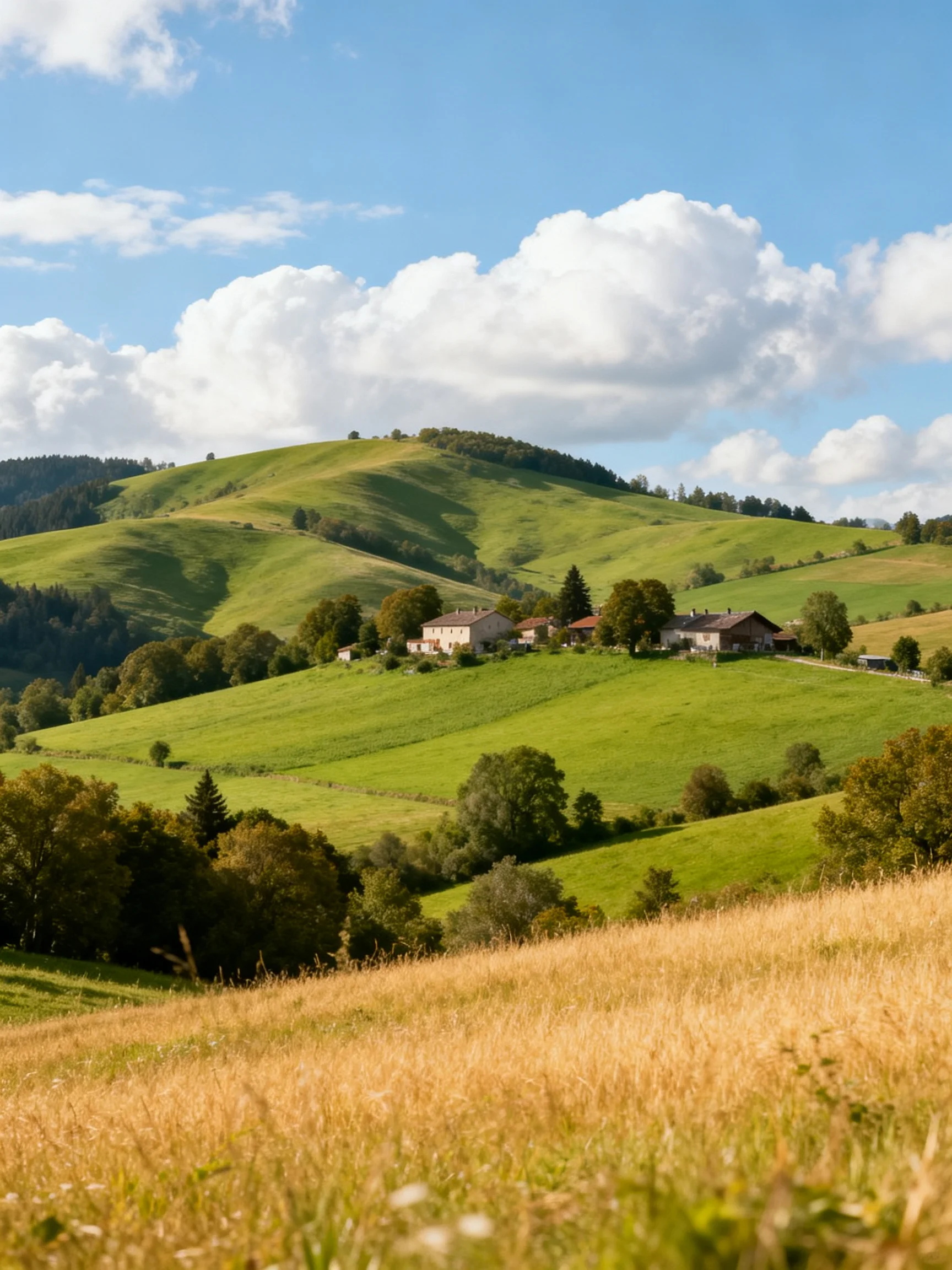 Rolling Green Hills with Farmhouses Under Bright Blue Sky