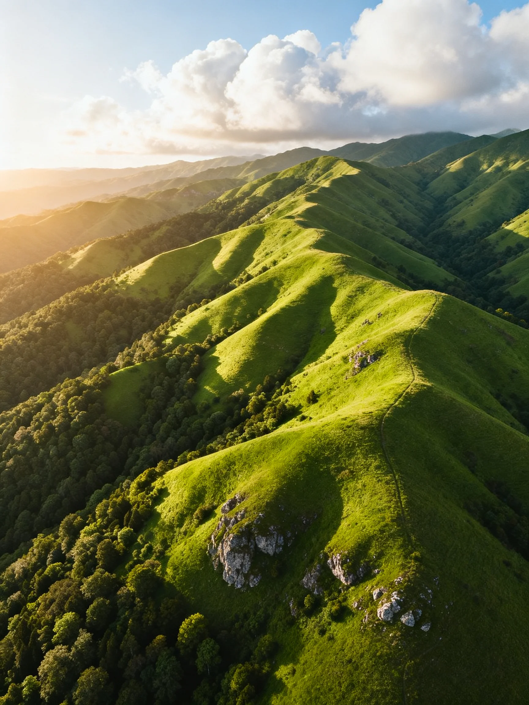 Rolling emerald hills bathed in golden sunlight with scattered clouds