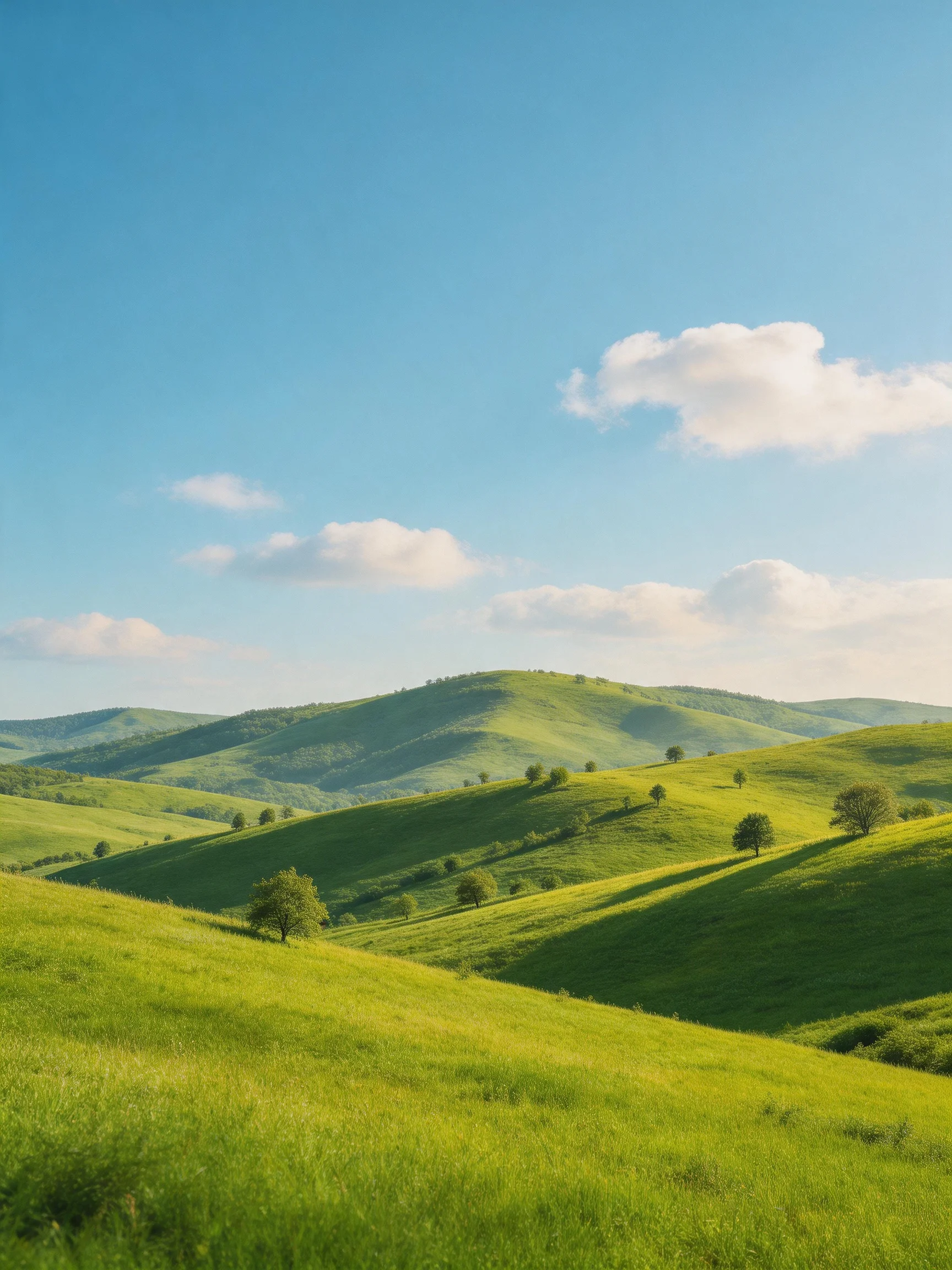 Rolling emerald hills beneath a bright blue sky with scattered clouds