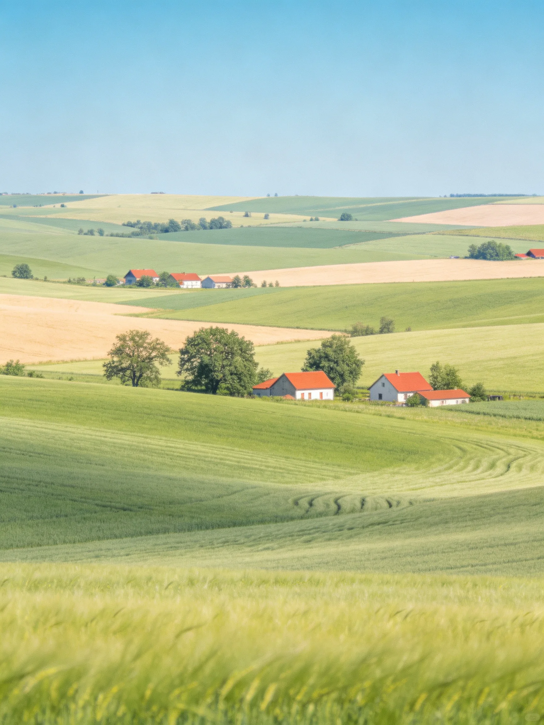 Rolling green fields with red-roofed farmhouses under clear blue sky