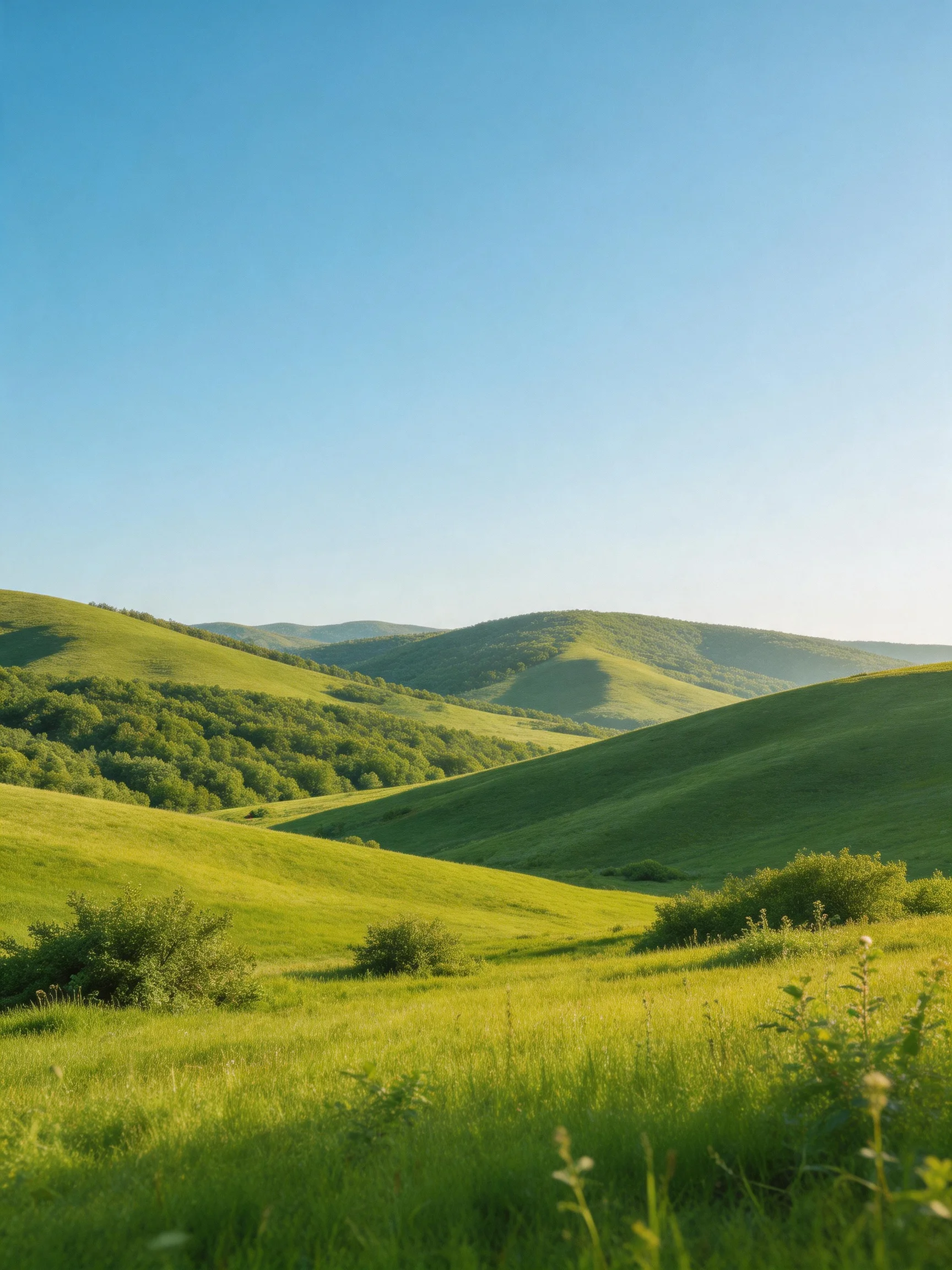 Rolling green hills and meadows beneath a clear blue sky