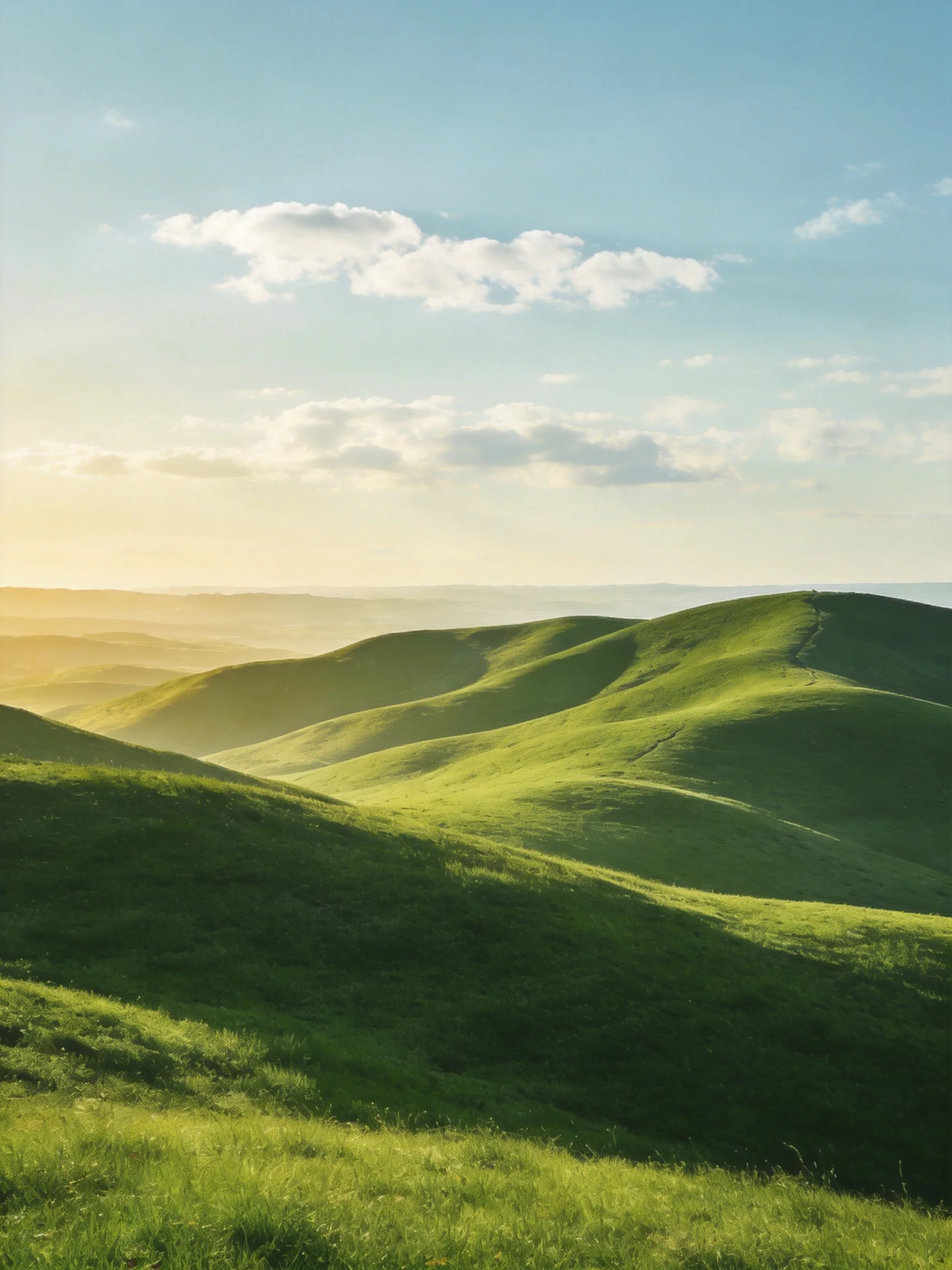 Rolling green hills bathed in golden sunlight beneath a clear blue sky