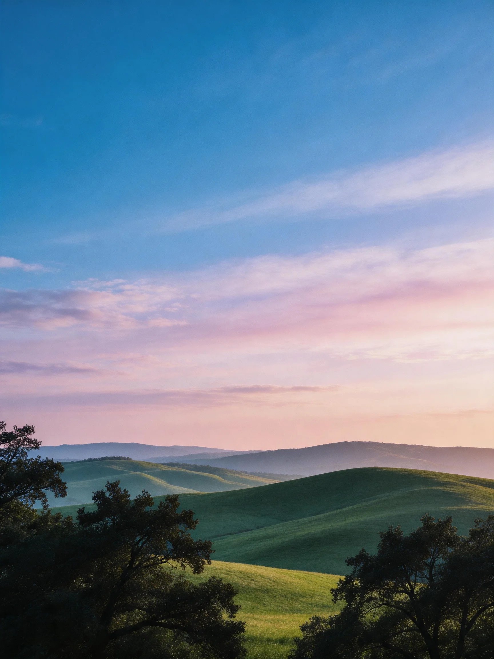 Rolling green hills beneath a colorful twilight sky with silhouetted trees