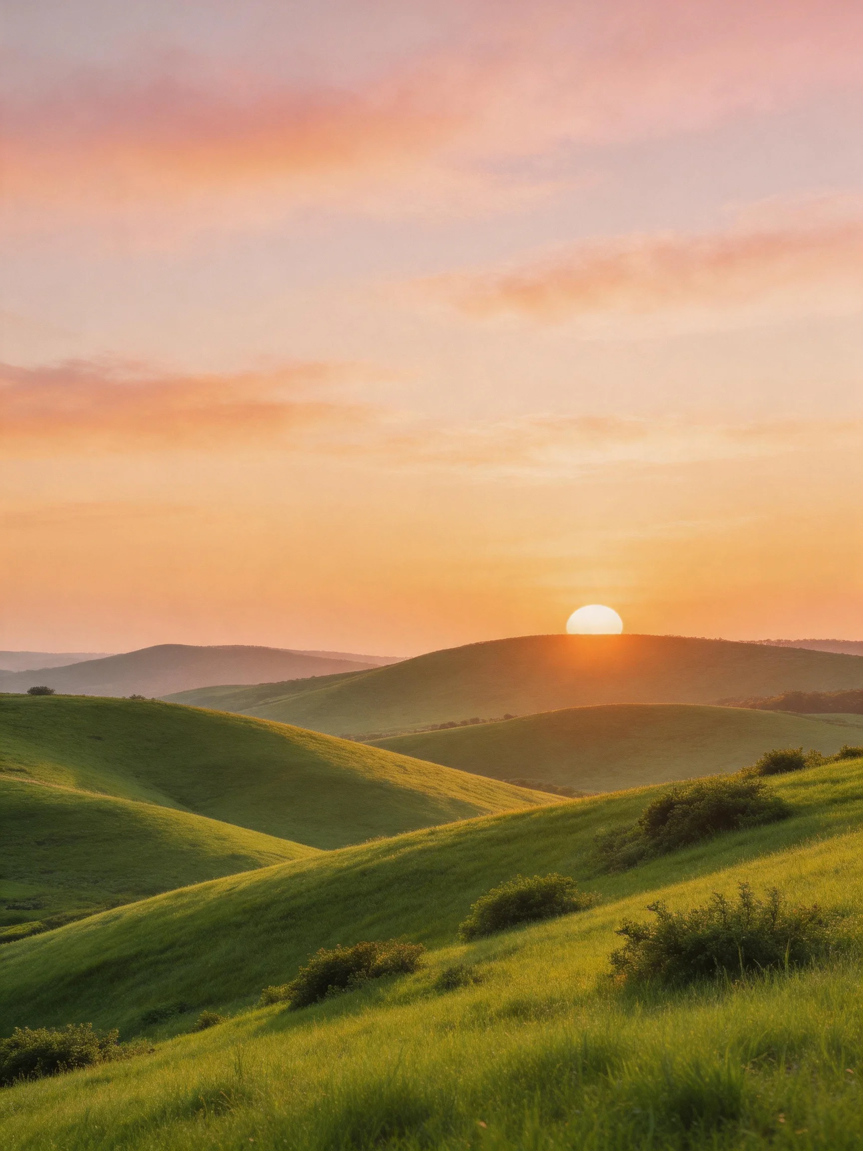 Rolling green hills beneath a vibrant sunset sky