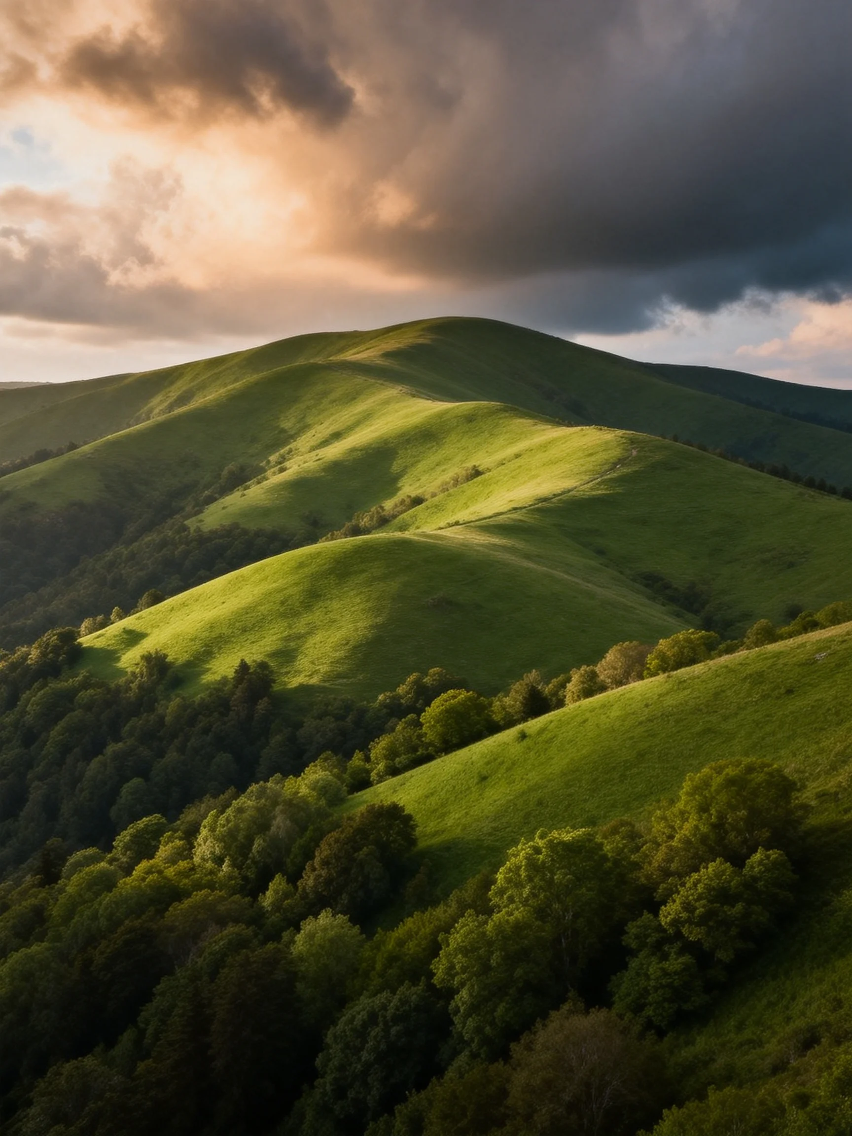 Rolling green hills beneath dramatic cloudy skies with golden sunlight