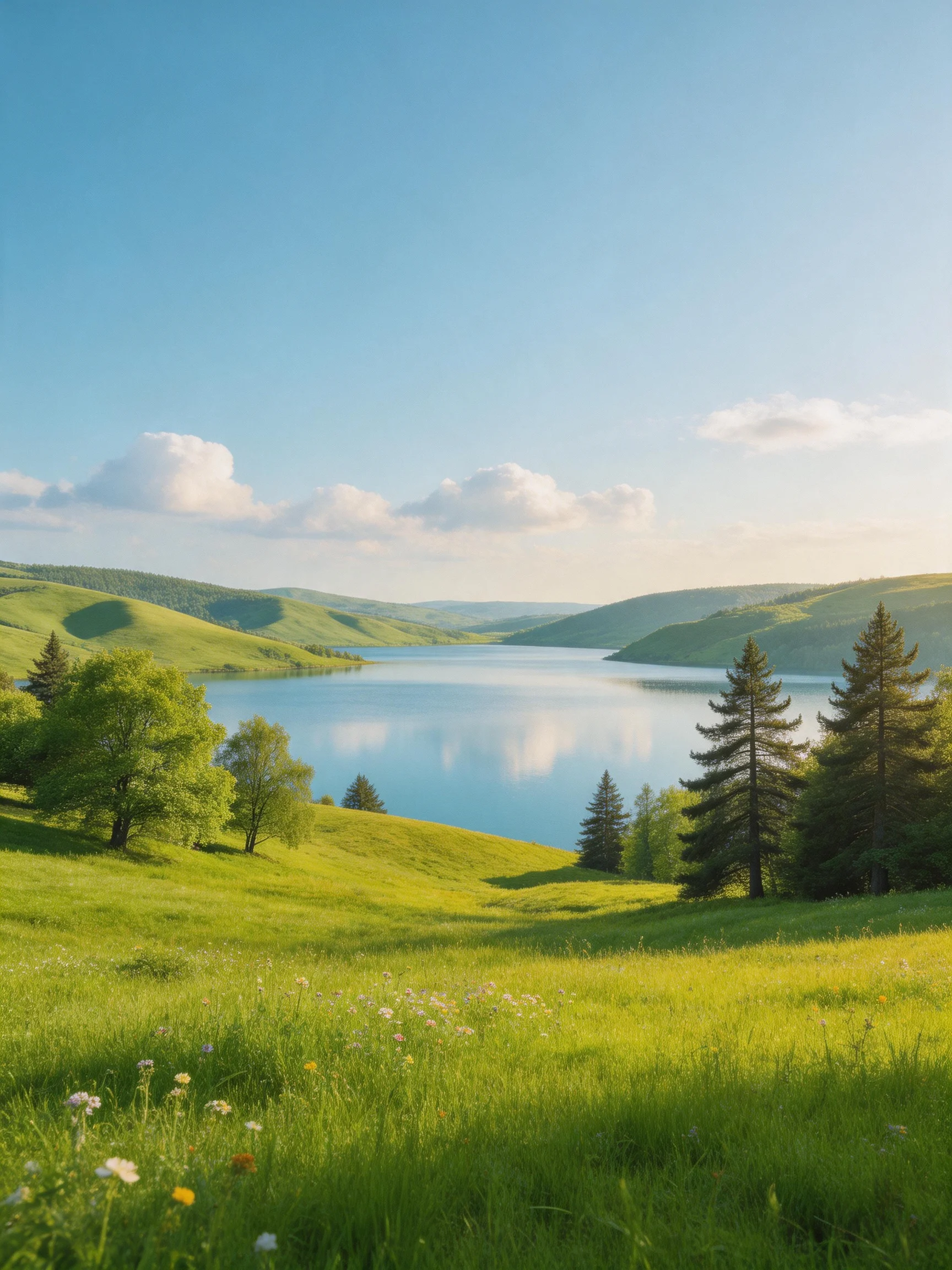 Rolling green hills border a calm blue lake near tall trees