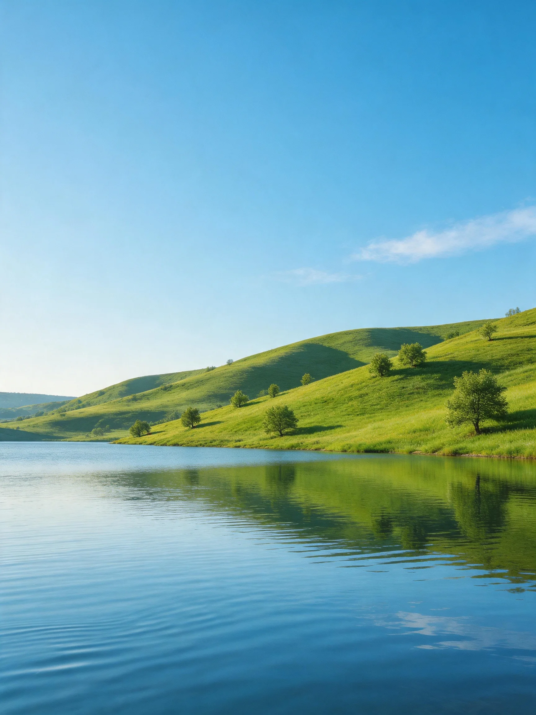 Rolling green hills border a tranquil blue lake beneath a clear sky