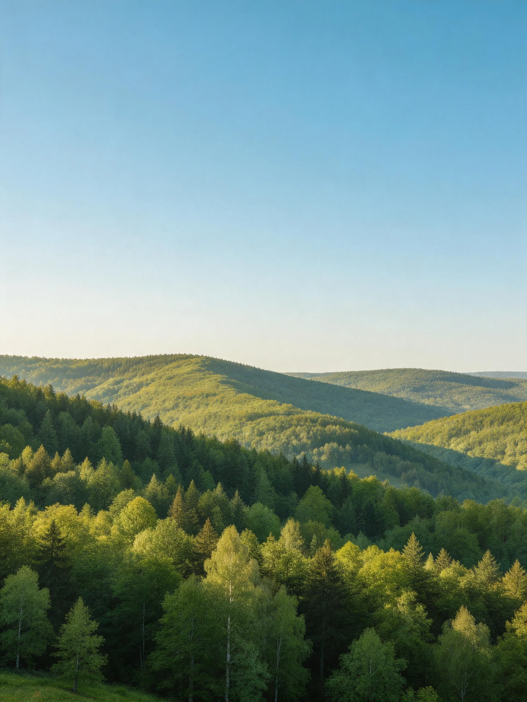 Rolling green hills covered with dense forest under clear blue sky