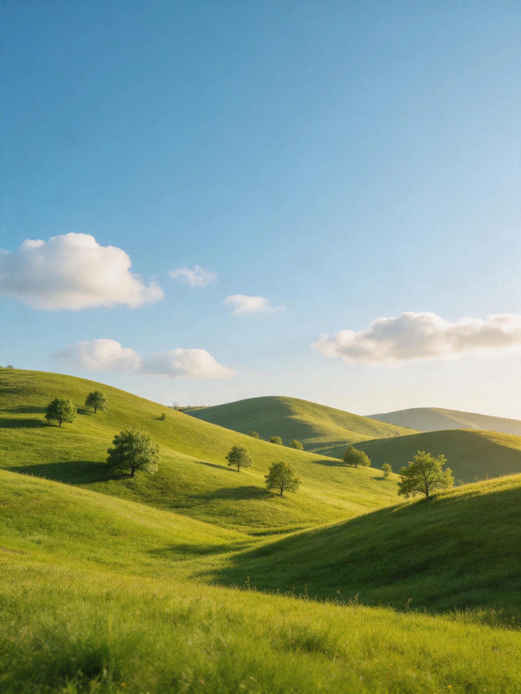 Rolling green hills dotted with trees beneath a bright blue sky