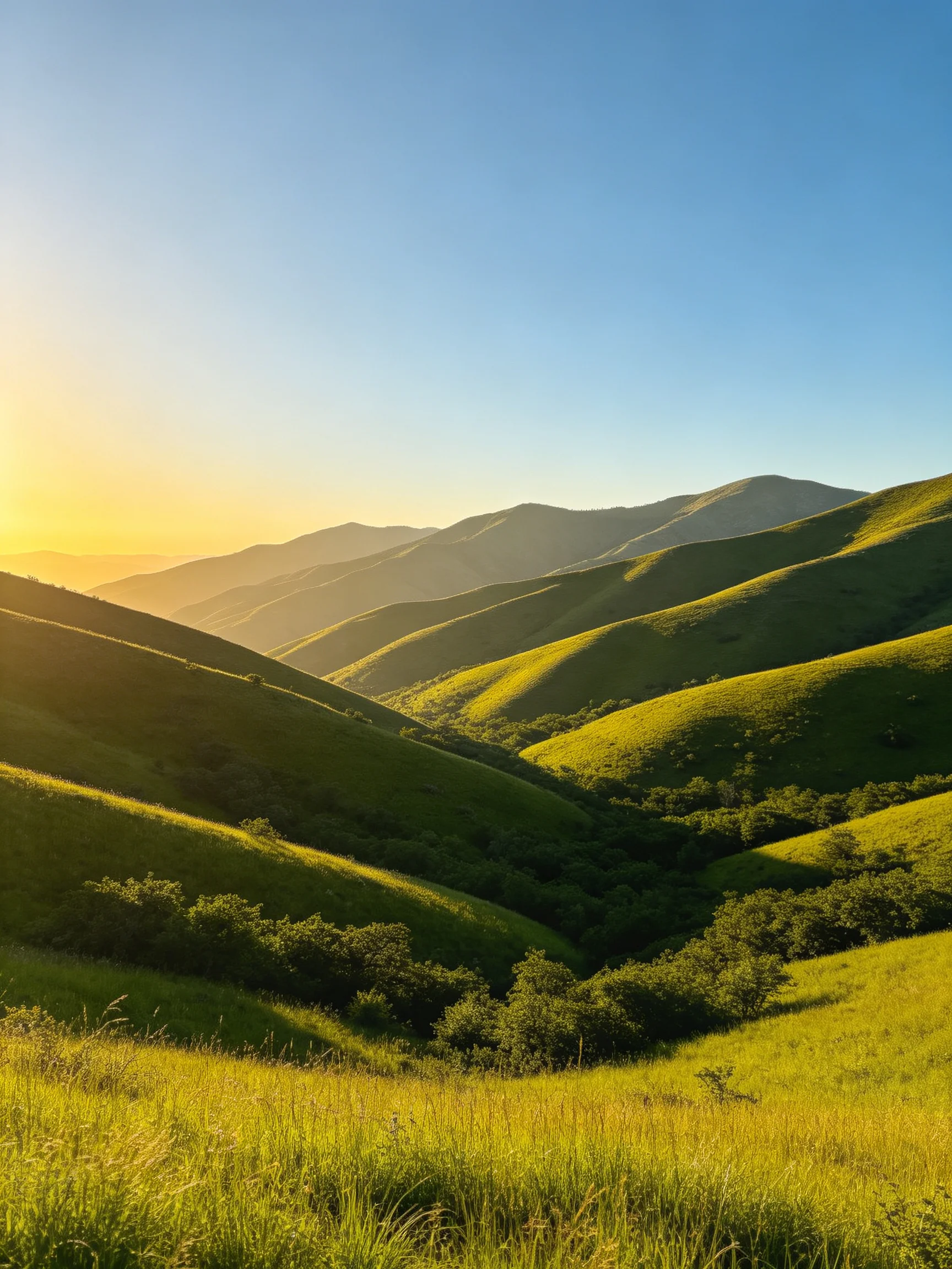 Rolling green hills illuminated by golden sunlight beneath a clear blue sky
