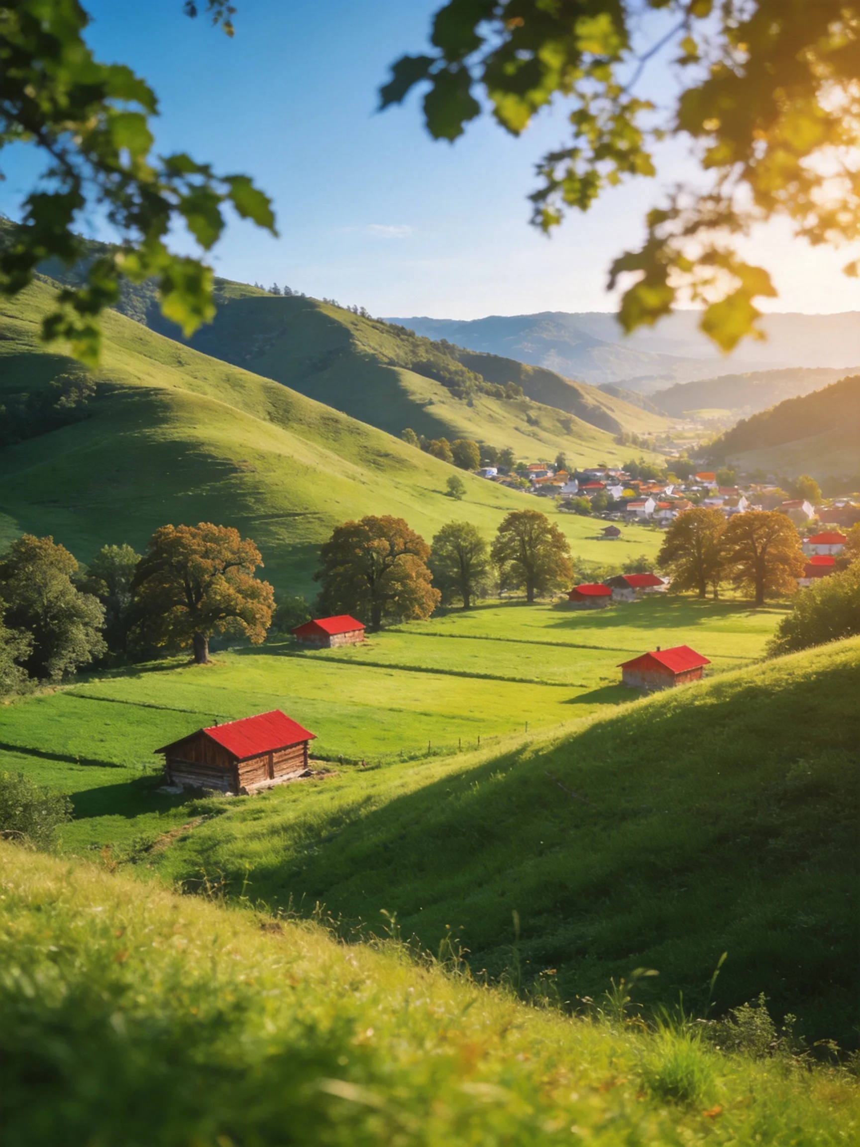 Rolling green hills, red-roofed cabins, and a distant village under golden sunlight