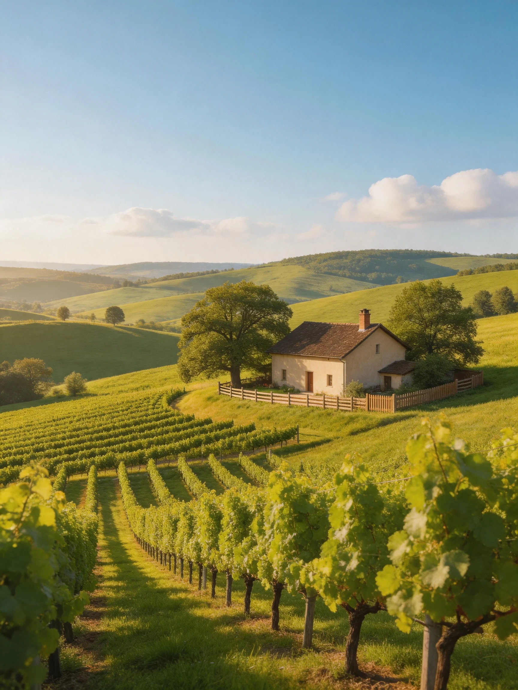 Rolling green hills surround a vineyard and rustic house
