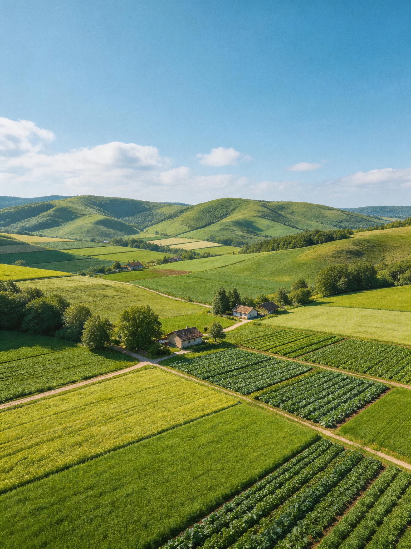 Rolling green hills surround farmland and scattered homes