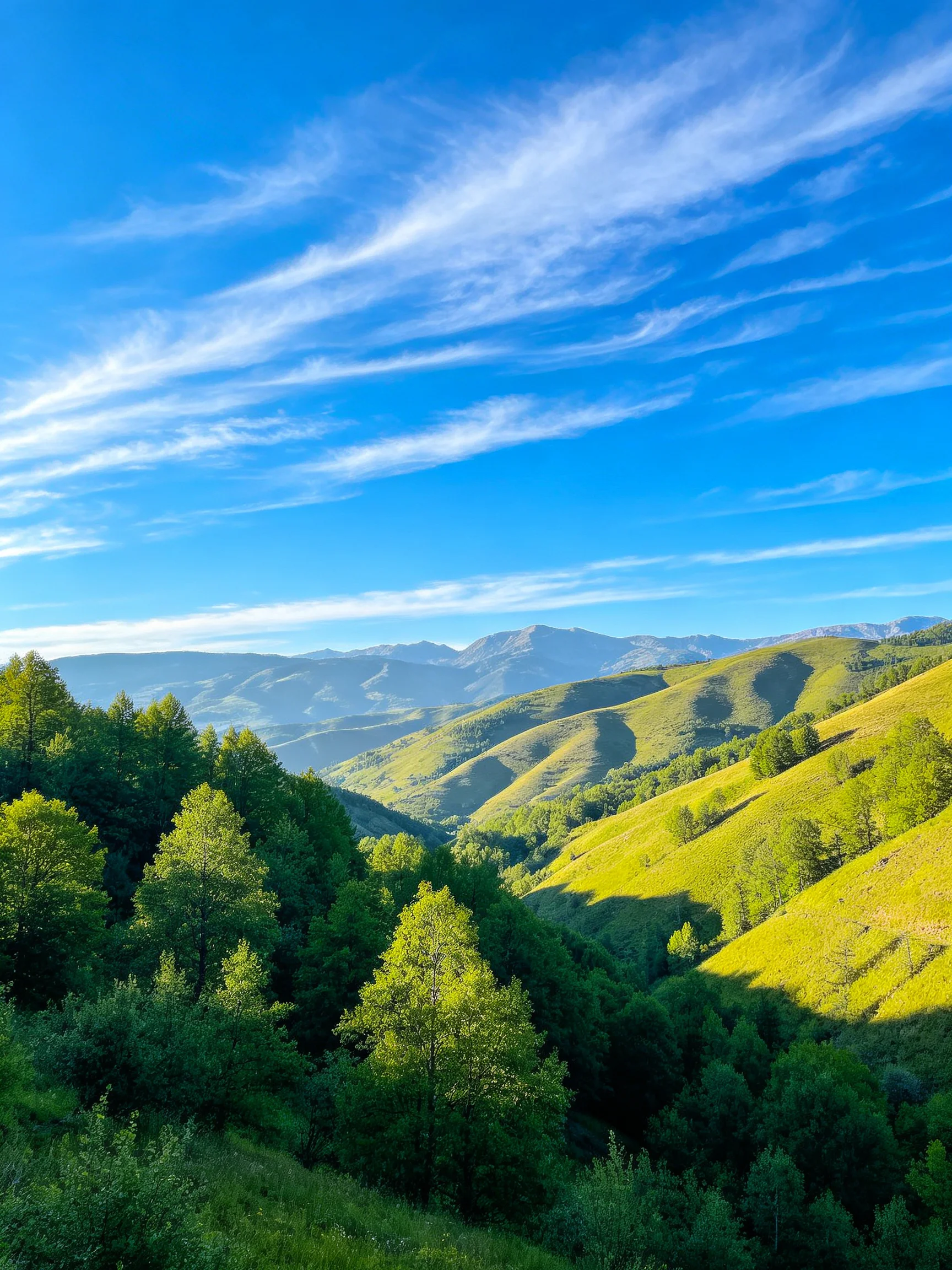 Rolling green hills under a bright blue sky with scattered trees