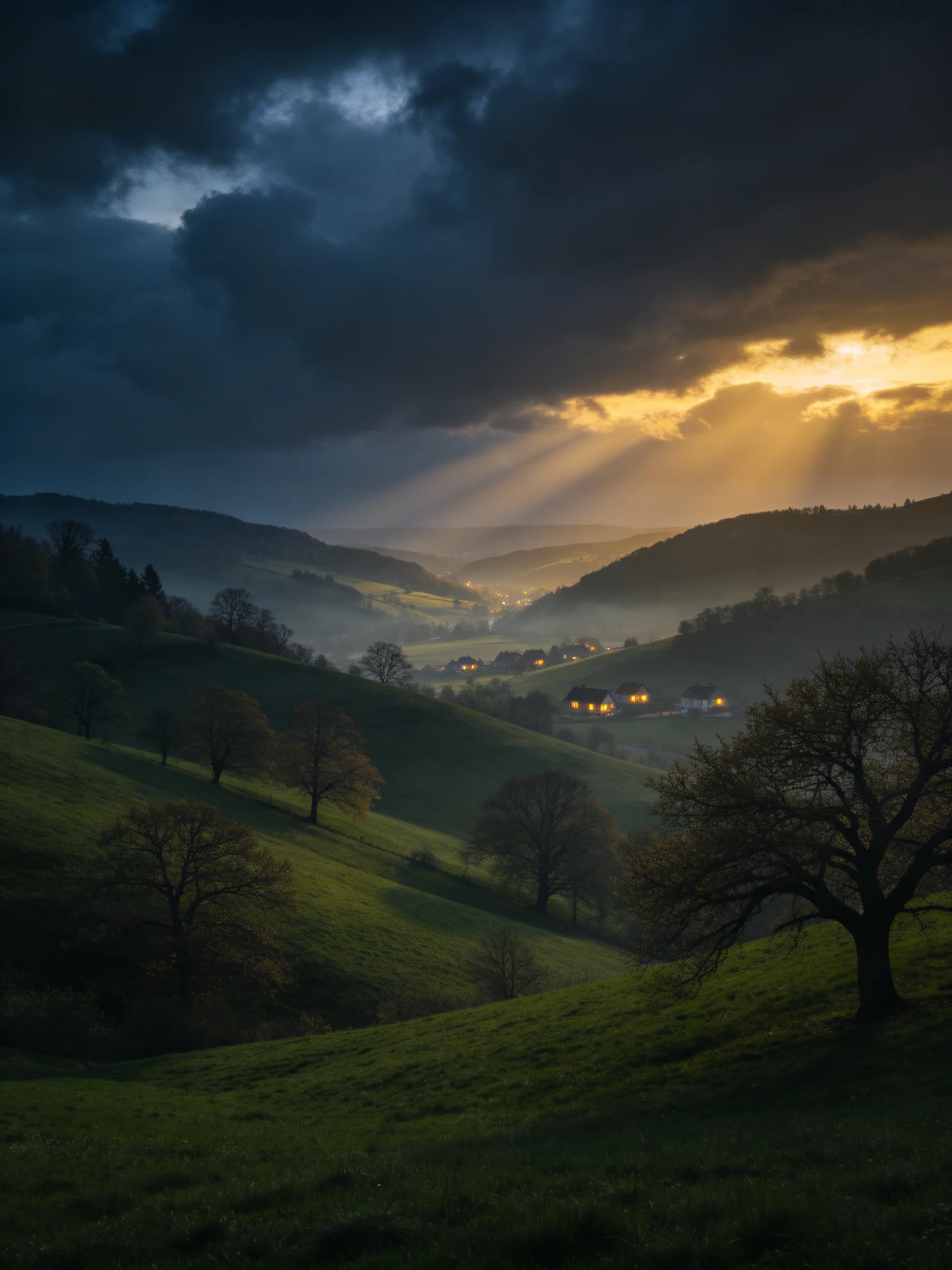 Rolling green hills under stormy skies with golden sunset rays