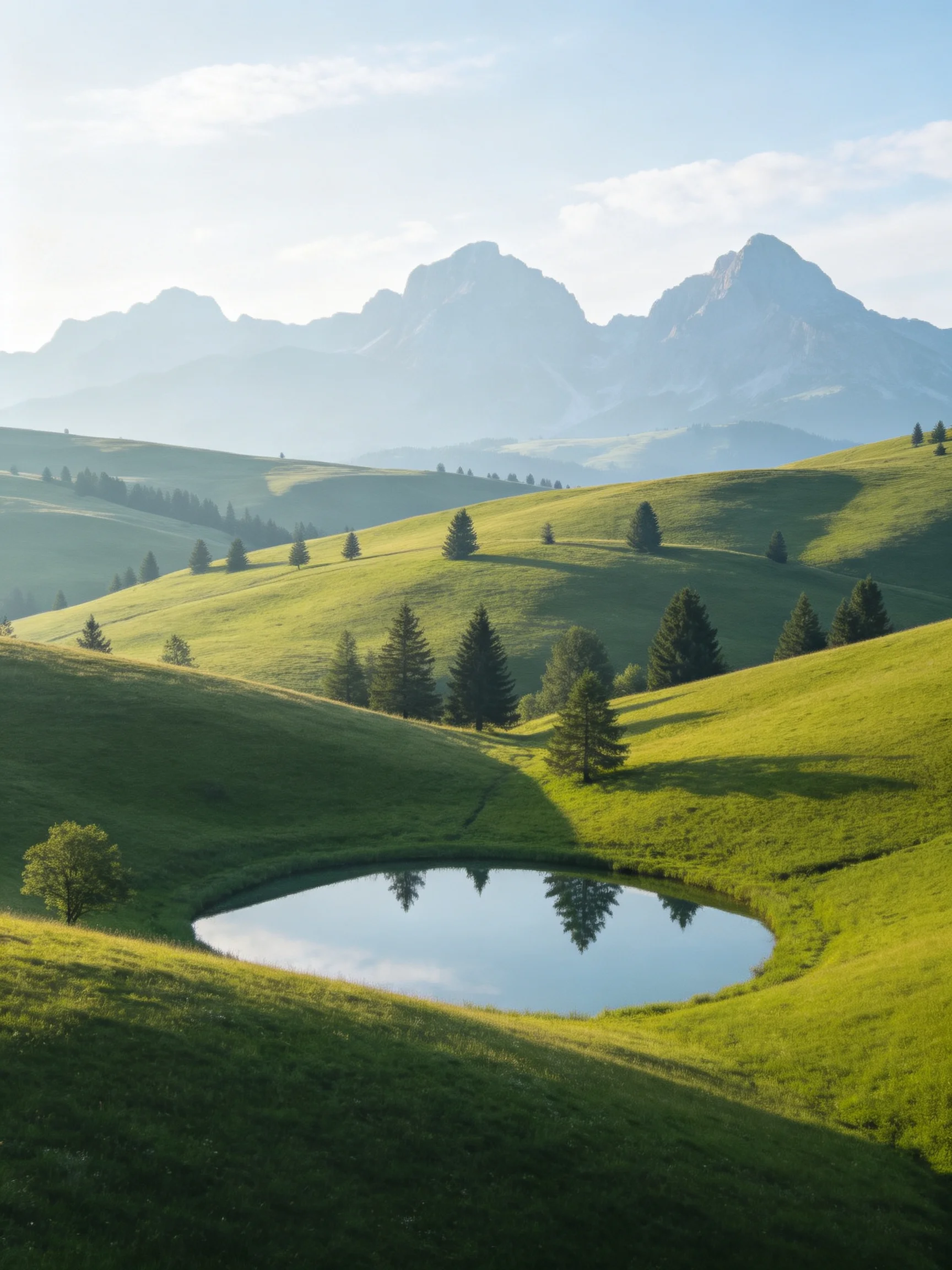 Rolling green hills with a small reflective pond and distant mountain peaks
