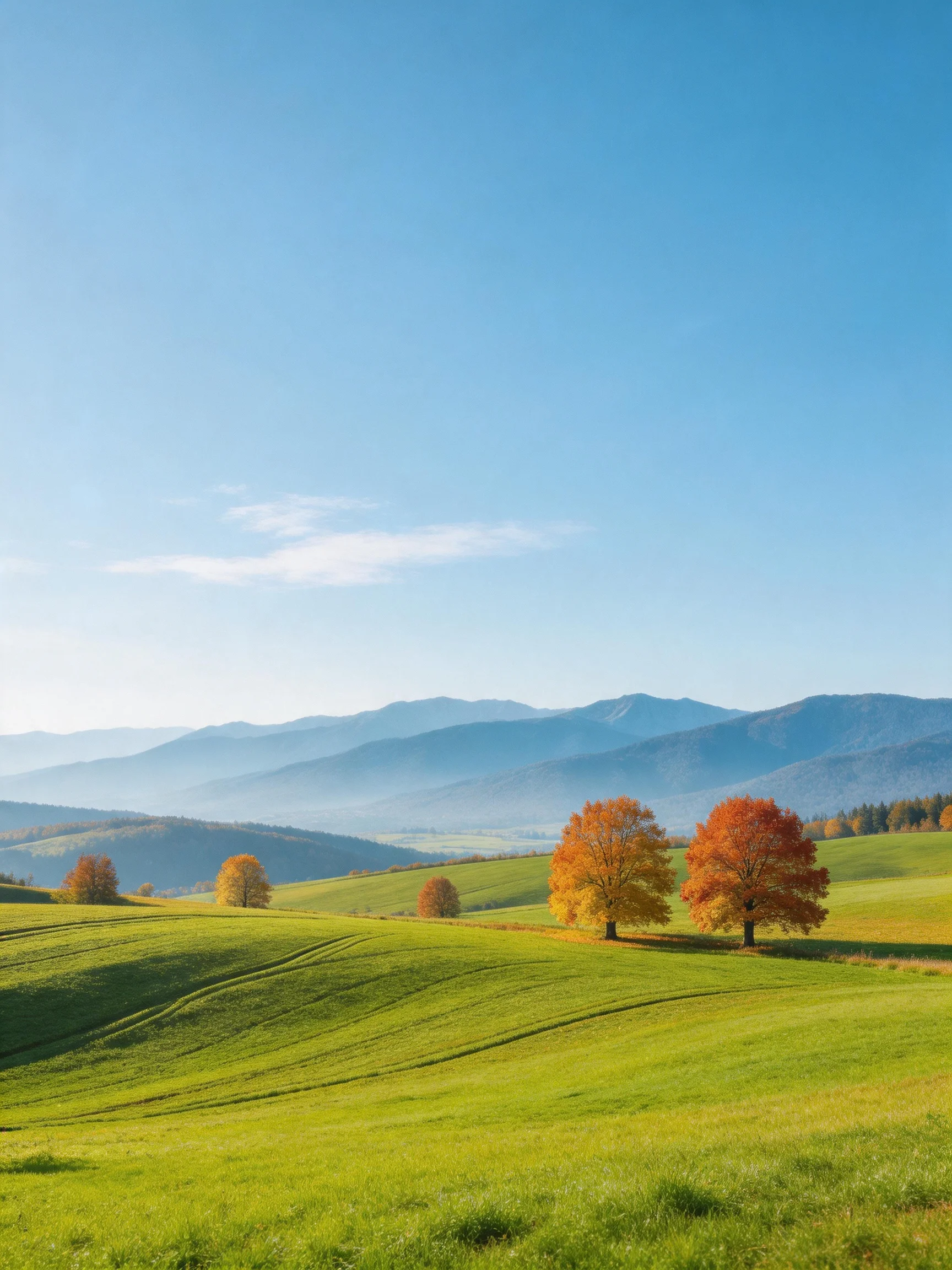 Rolling green hills with autumn - hued trees and misty mountain backdrop