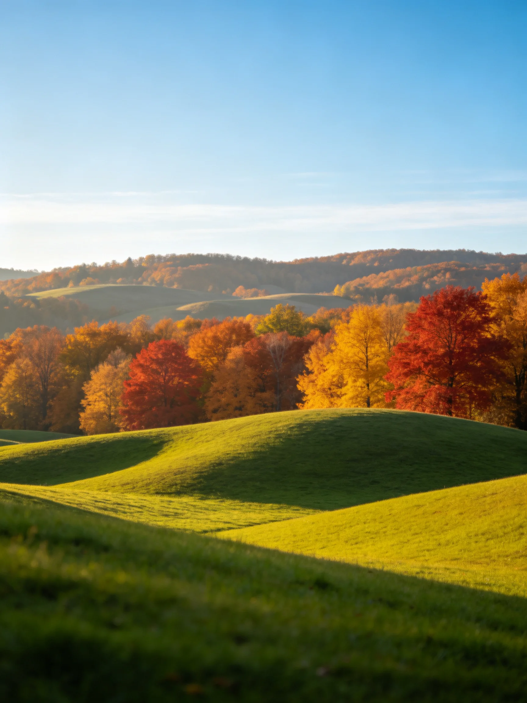 Rolling green hills with colorful autumn trees and clear blue sky