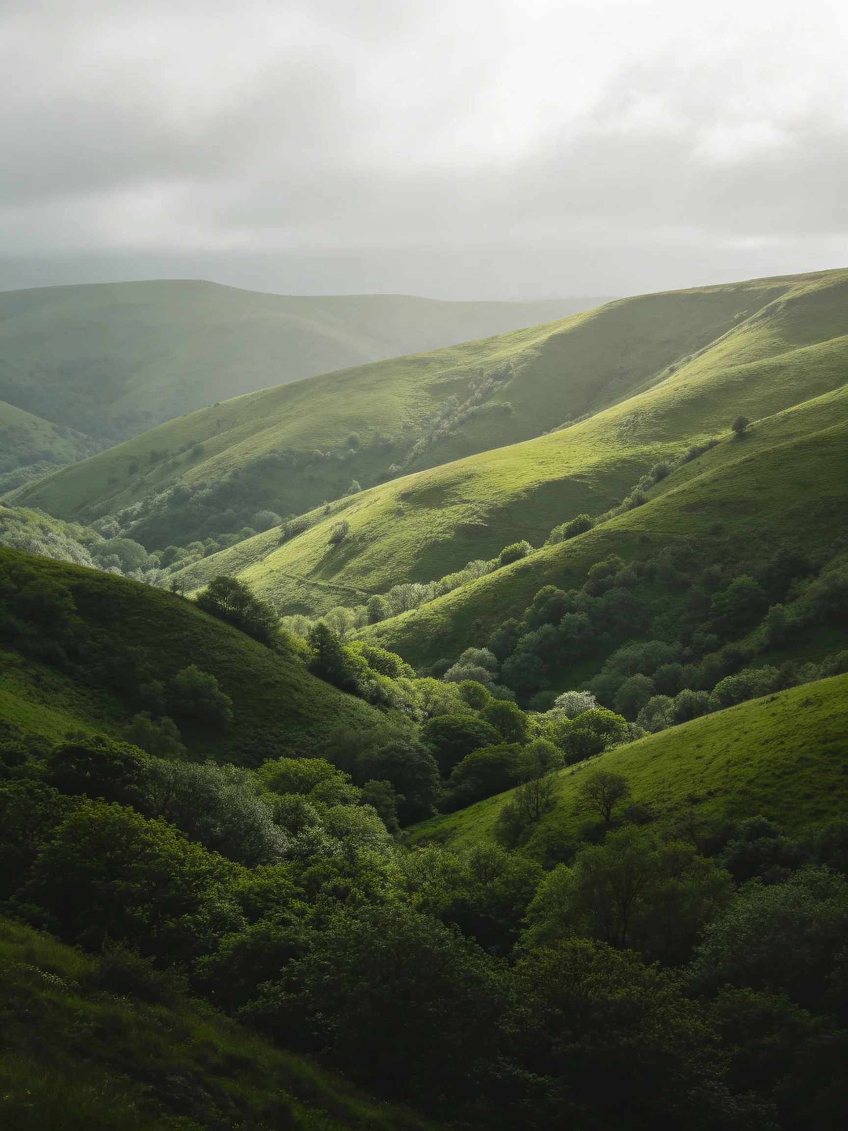 Rolling green hills with dense forests under overcast skies