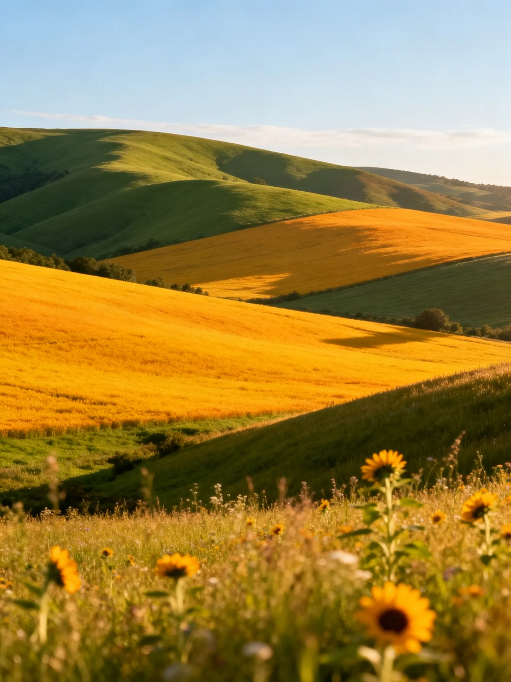 Rolling green hills with golden sunflower fields under clear blue sky