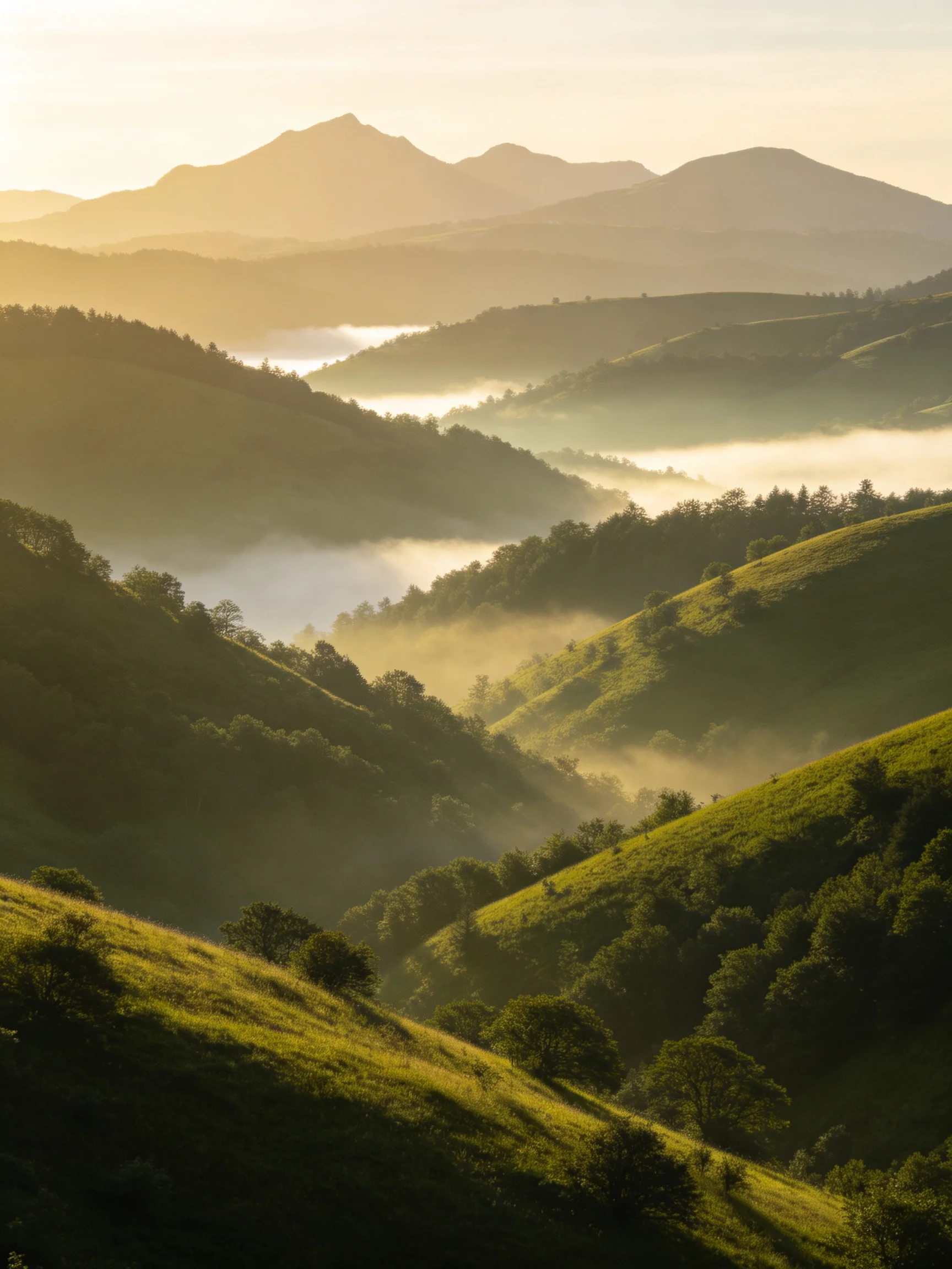 Rolling green hills with morning mist and distant mountain peaks