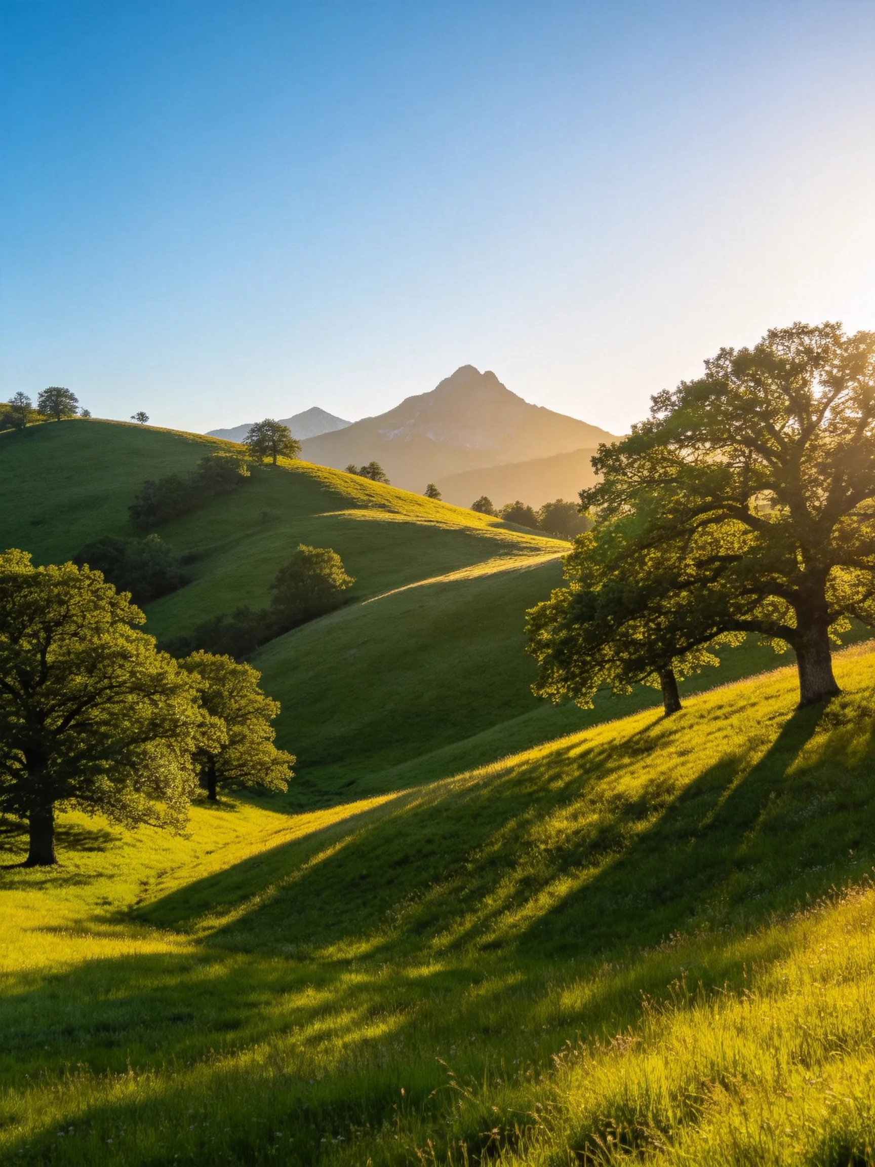 Rolling green hills with scattered trees and distant mountains under golden sunlight