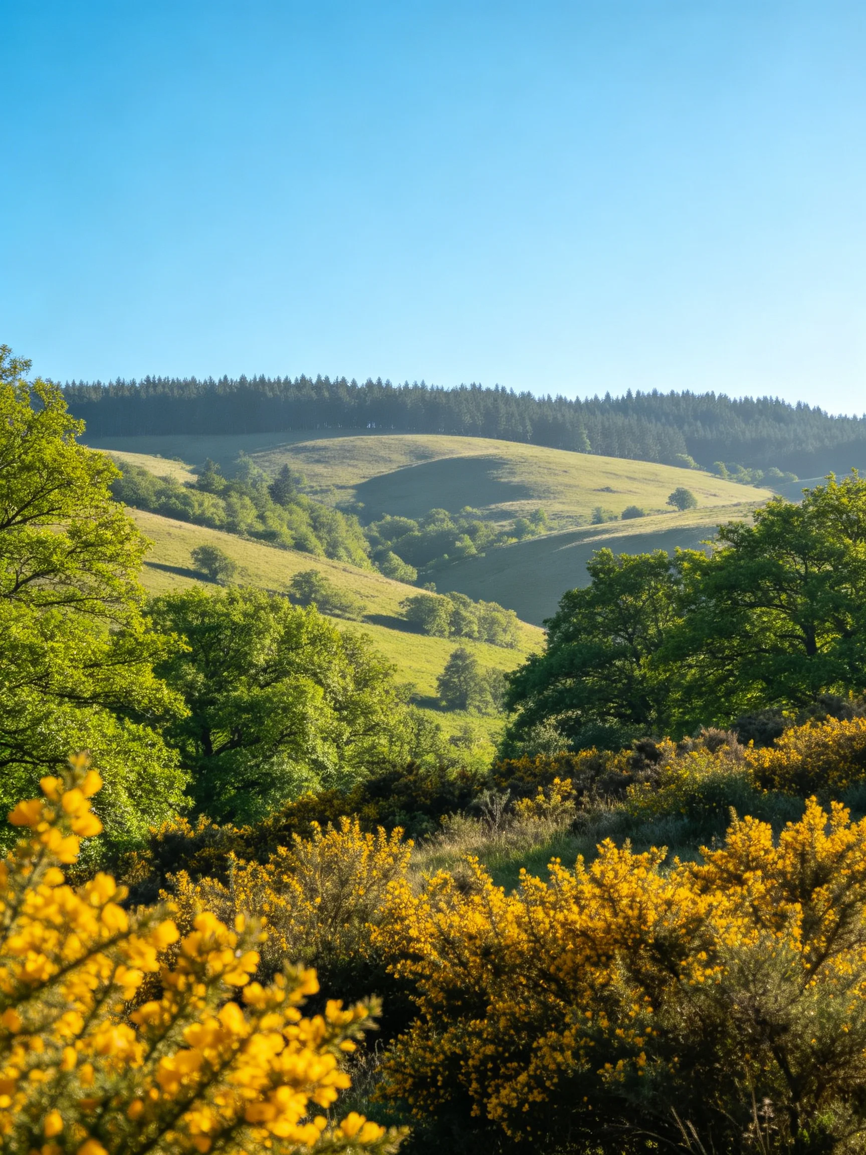 Rolling green hills with vibrant yellow bushes and forested backdrop