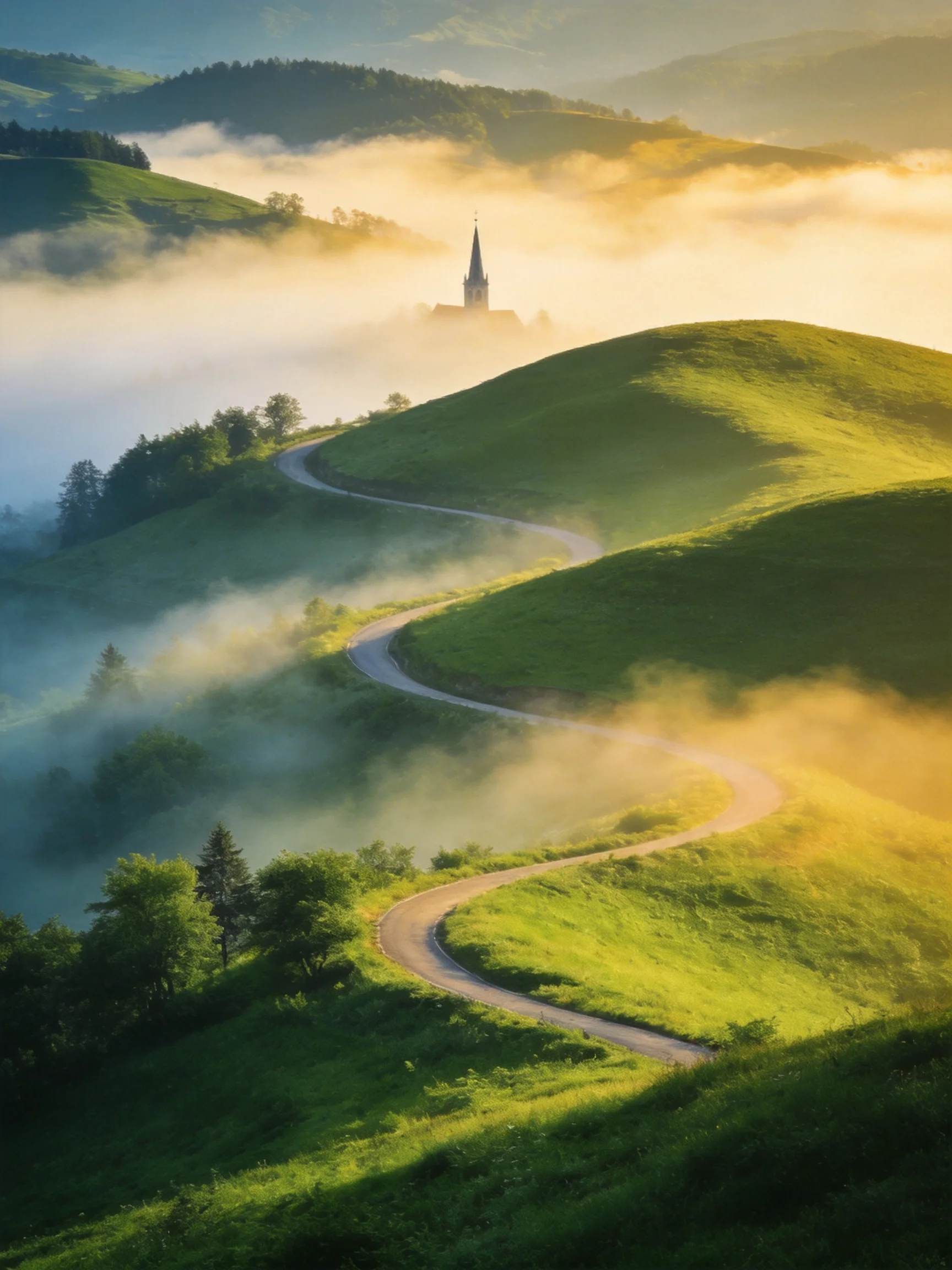 Rolling green hills with winding road and misty church in golden light