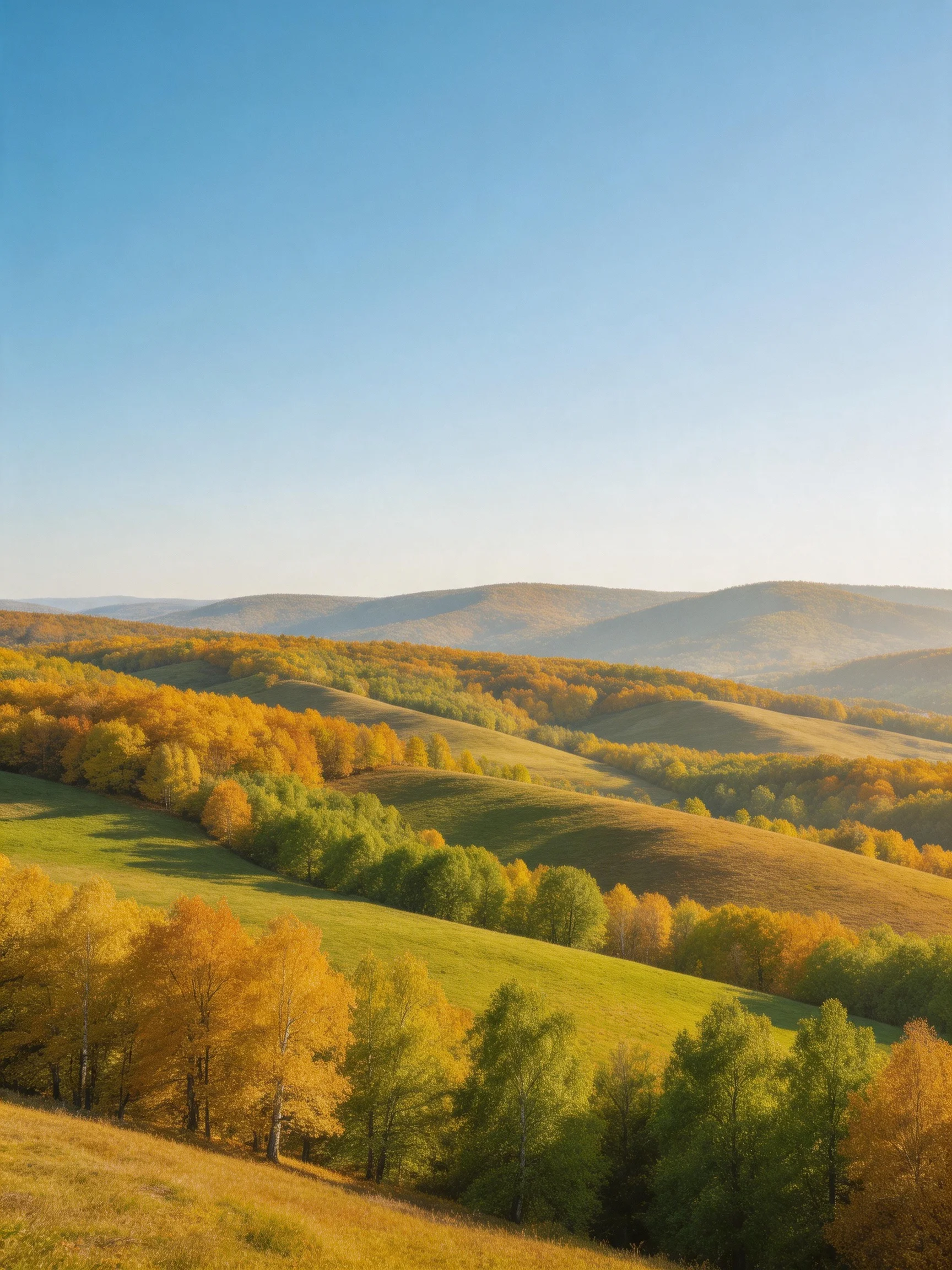 Rolling hills adorned with golden and green forests under clear blue sky
