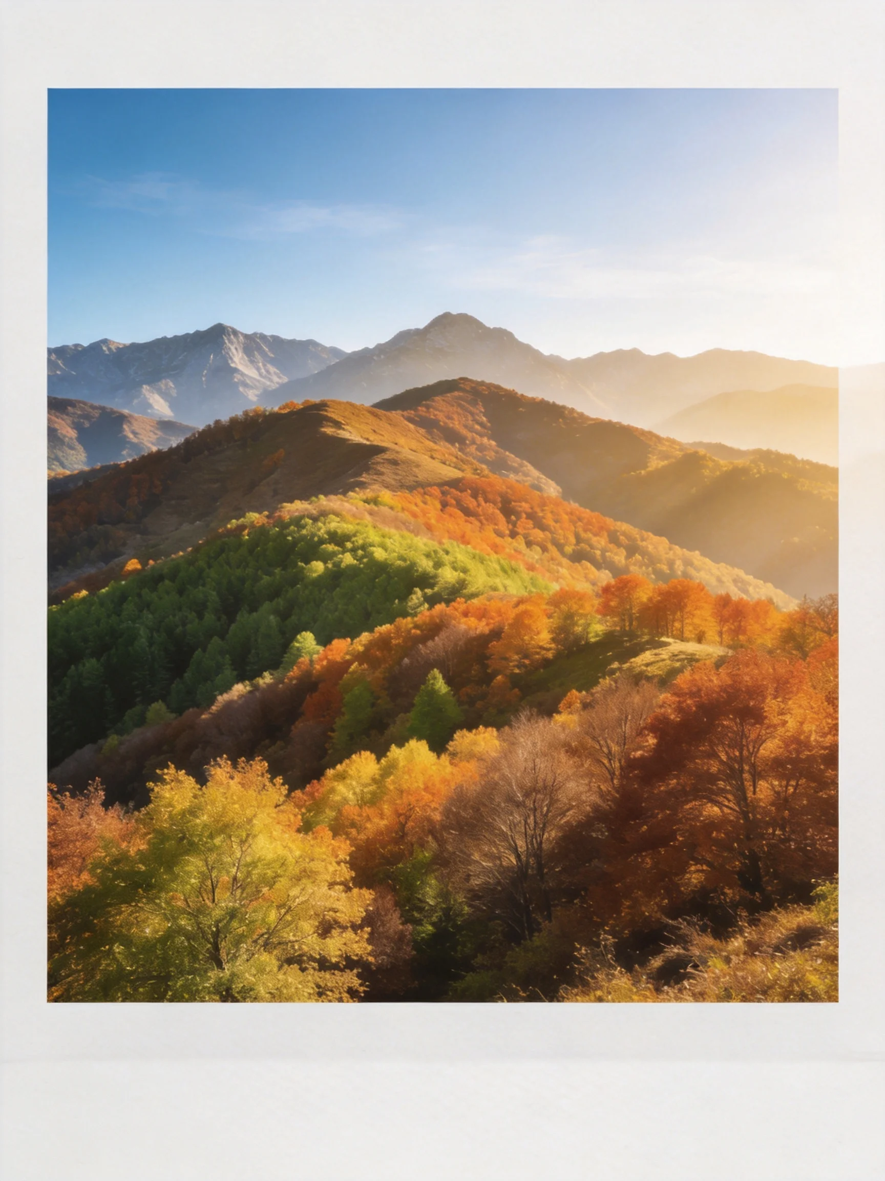 Rolling hills adorned with multicolored autumn forests stretch toward misty mountain peaks