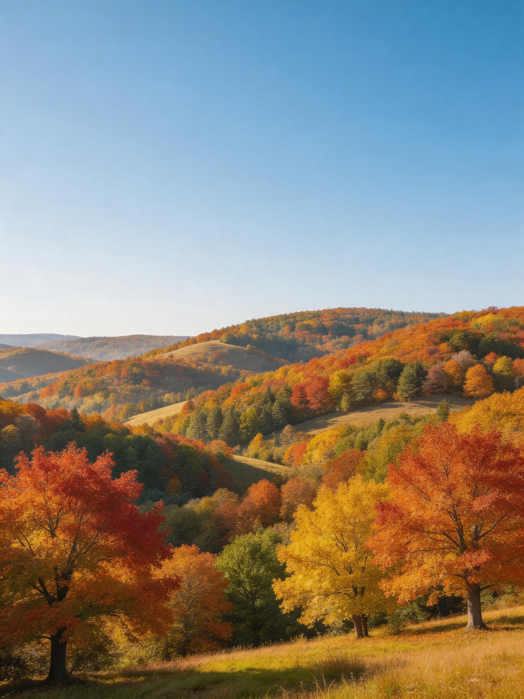 Rolling hills adorned with multicolored autumn trees