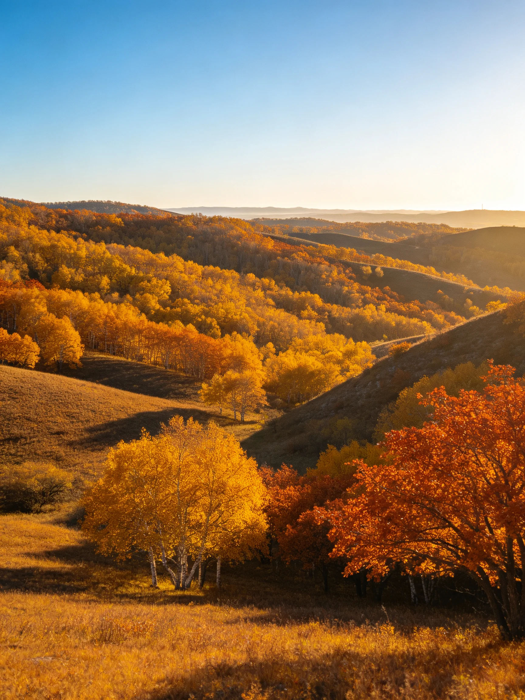 Rolling hills covered in golden and amber autumn trees
